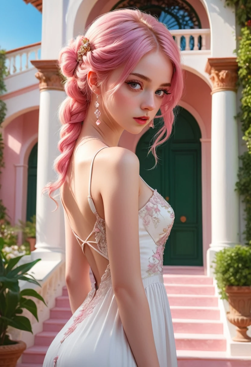 masterpiece, best quality, Very detailed, illustration, Beautiful and delicate eyes, close up, 1 girl, Pink Hair, White Dress, Villa entrance, Standing, Face down