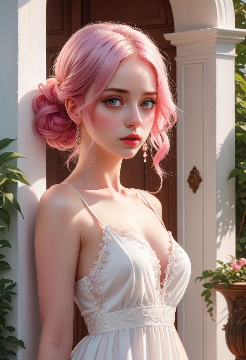 masterpiece, best quality, Very detailed, illustration, Beautiful and delicate eyes, close up, 1 girl, Pink Hair, White Dress, Villa entrance, Standing, Face down