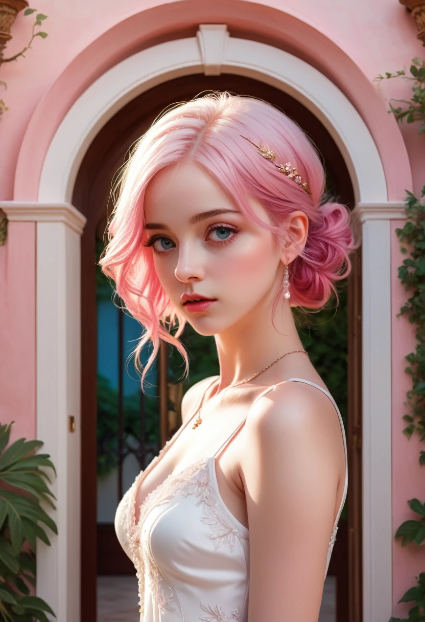masterpiece, best quality, Very detailed, illustration, Beautiful and delicate eyes, close up, 1 girl, Pink Hair, White Dress, Villa entrance, Standing, Face down