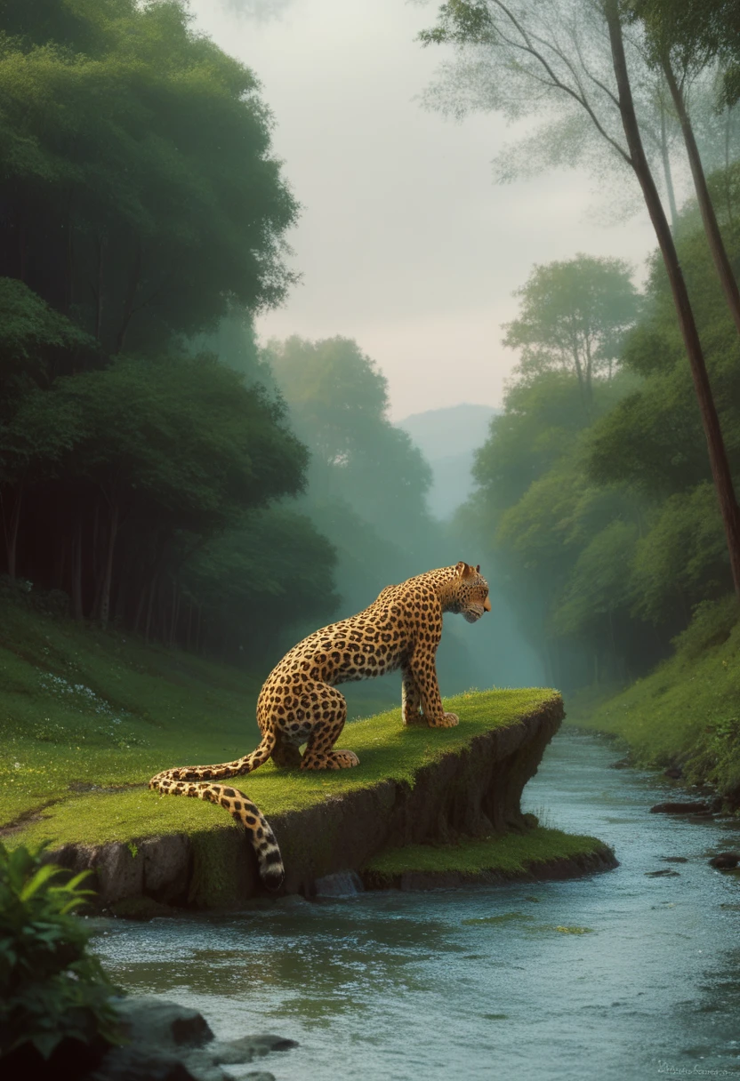 maozonia indigenous girl, 18 years old, bathing in a river, in the middle of the forest, a jaguar watching from afar, sad, Clockpunk, Gamercore, street level view, Blender rendering, 100mm, Sculpture, iridescent colors, Medicalcore, strobe lighting, ultra realistic, photorealistic, octane render, unreal engine, hyper detailed, volumetric lighting, hdr, octane render, fantasy 4k 8K