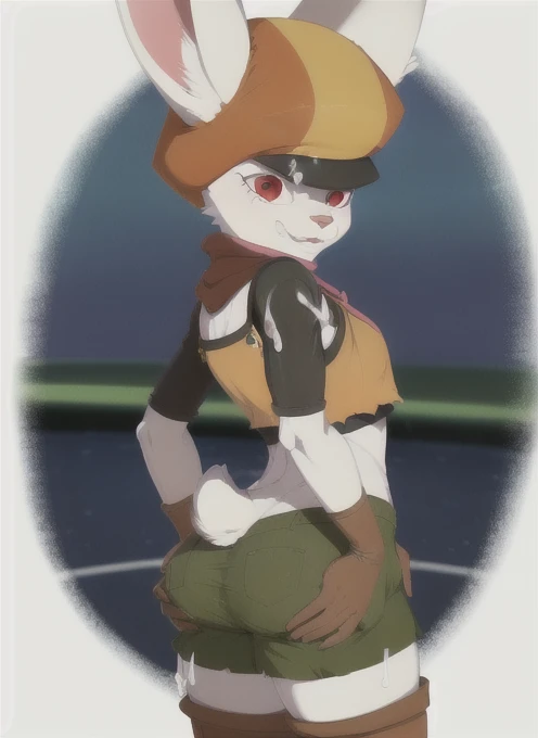 sorrel, furry female anthro, rabbit girl, standing, portrait, tranquil, cabbie hat, red scarf, crop top, gloves, boots, green shorts, solo, (body fur:1.2), (best quality), (blurry anime arena background:1.2), small breasts, dramatic lighting, detailed fluffy fur, looking at viewer, smile, rabbit tail, ((ass)), (eyes wide, shocked expression, in pleasure, dogystyle, on al fours, anal doggystyle), ((deep painful anal, cum covered ass)), motion lines,