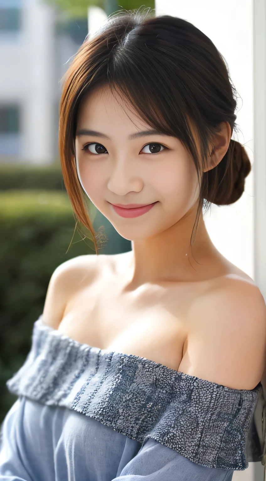 masterpiece,best quality,(Japanese girl),((Beautiful girl)),cleavage,(off shoulder:1.2),(perfect body beauty:1.2),(shy smile)