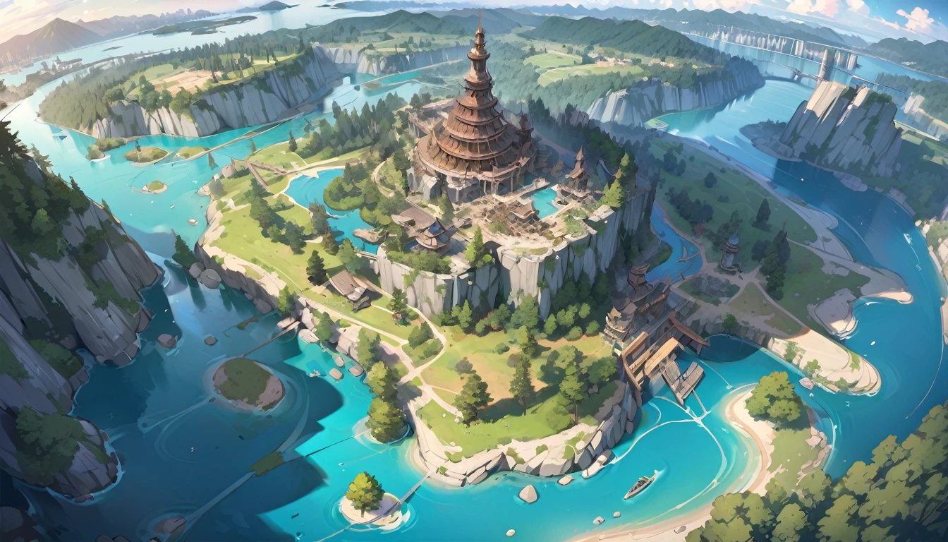 (masterpiece、premium quality、ultra detailed) , Map of an island, with city, ruins, forest, mountains and rivers, site of a Battle Royal competition.