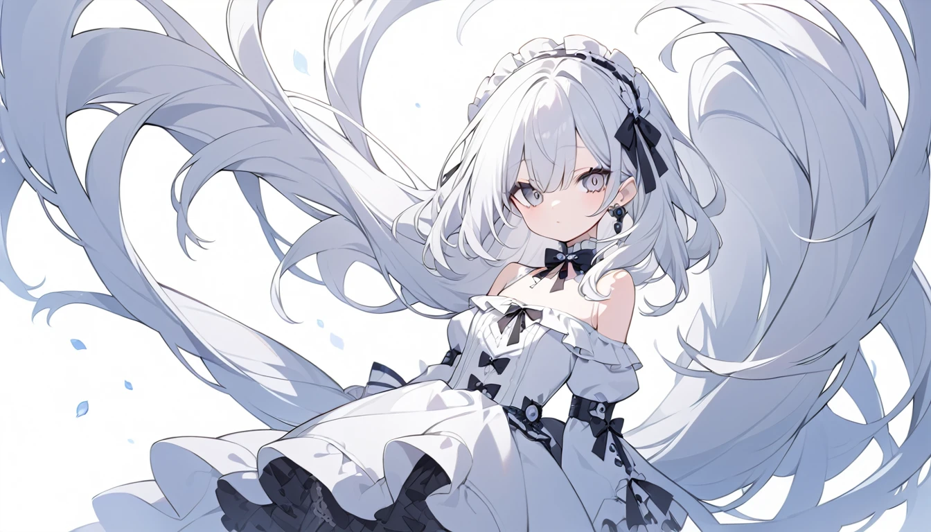 ultra-detalled,Cute , Long white hair, Silver eye, Bare shoulder ta,White clothes, whole body