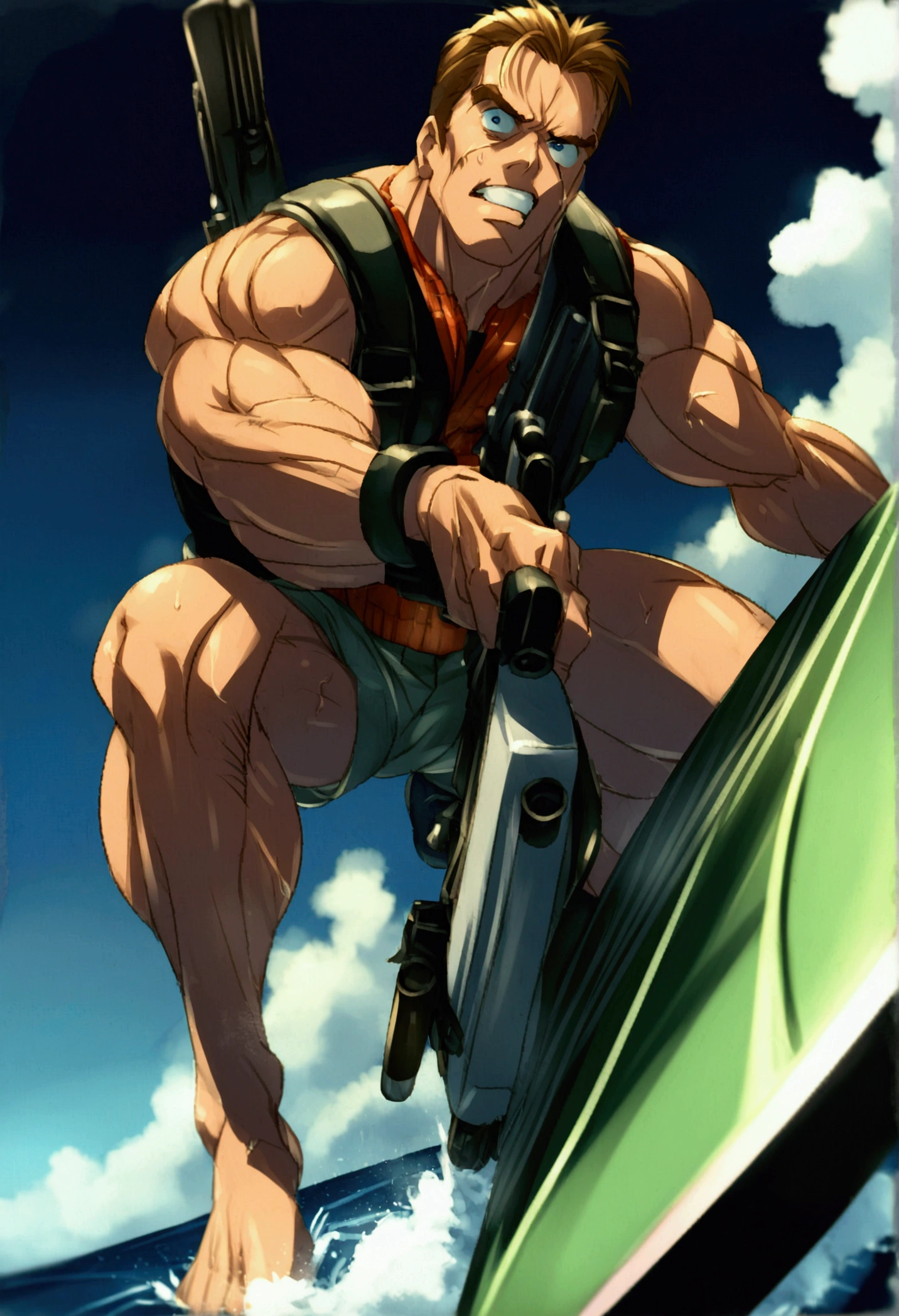 Arnold Schwarzenegger, circa 1990, as T-800 battle damaged wielding a machine gun, riding a surf board. intense, horror sci fi, Hawaii
