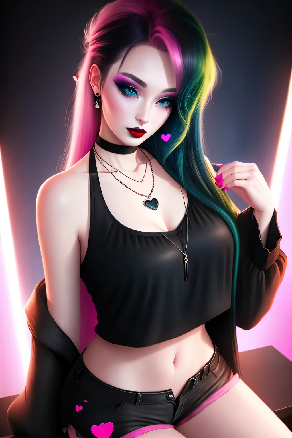 a one woman, blue colored eyes, black eye makeup, red lipgloss stick, long hair, slickedback hair, blue green hair, necklace with a black stone, black blouse, shorts bem curto, ((black shorts with pink hearts)), cinematic lighting, wide shot, uhd, super detail, high details, high quality, best quality, highres, 8k