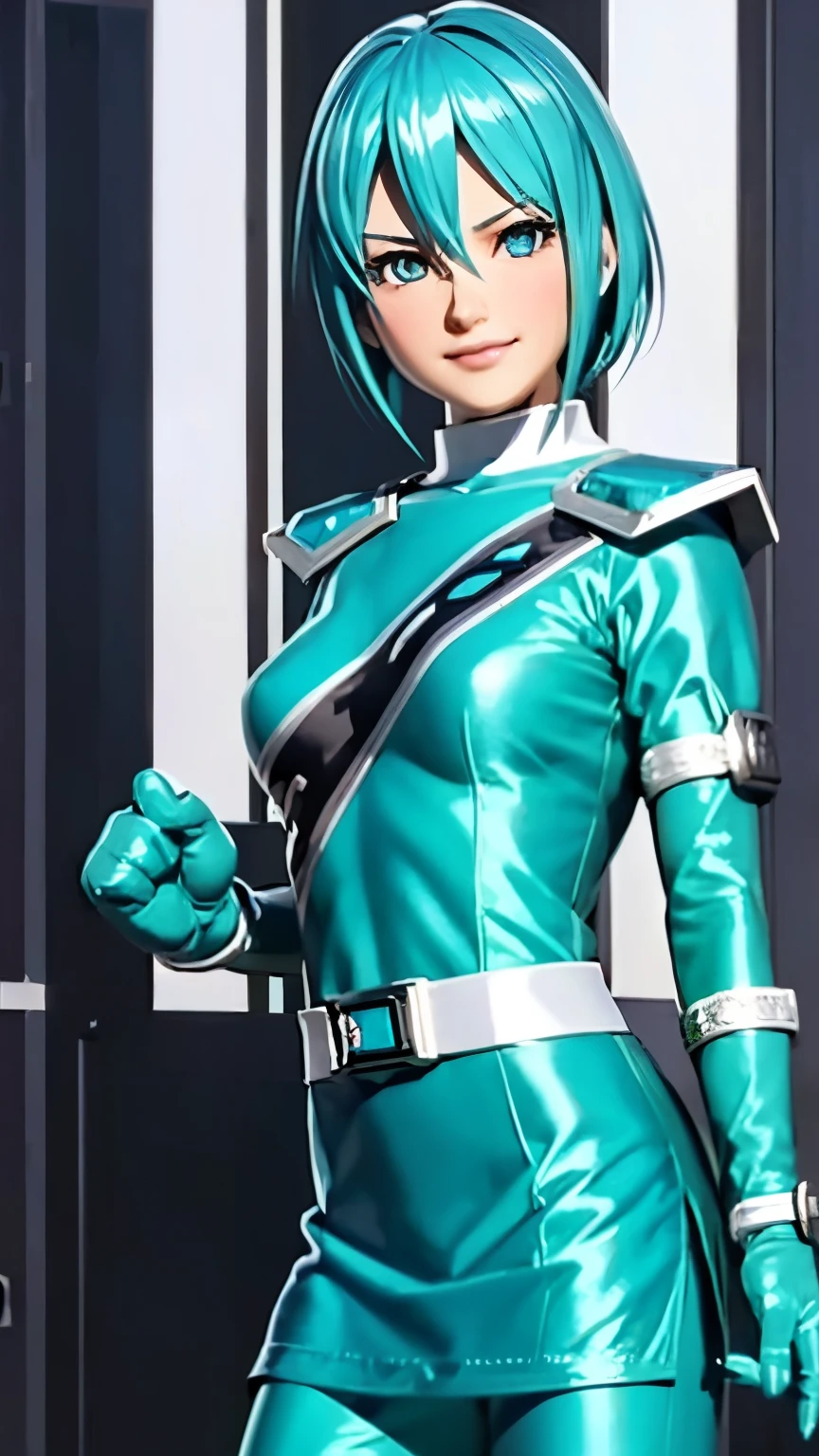 (1girl,solo),(nico),blue hair,blue eyes,spandex body suit, (blue clothes), super hero suit,smile,skirt,white gloves,shiny clothes,contrapposto,simple background,anime screencap,ultra-detailed,sharp focus,aesthetic,(best quality)