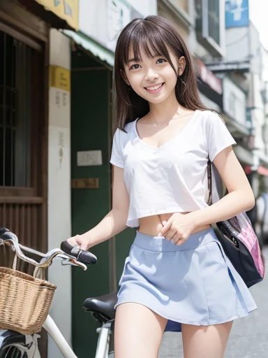Japanese female, (underweight), (flat chest best quality:1.5), (cheerful grin:1.5),
(riding bicycle), semi long, trunk neck tee, mini skirt, (white underwear), in the city, full body shot, front view, (from below)