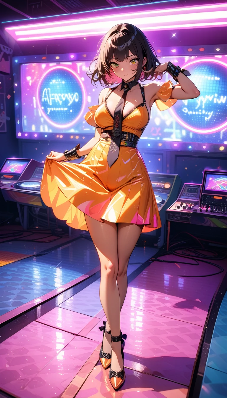 ((best quality)) , ((masterpiece)) , (detailed)，backlit photo of,  a [Libyan|Tibetan] (Simona:1.2) , Unattractive, Tie, Sublime Straps, at Twilight, Detailed illustration,((full body))，Disco-themed Complex background, Vibrant, groovy, retro 70s style, shiny disco balls, neon lights, dance floor, highly detailed
