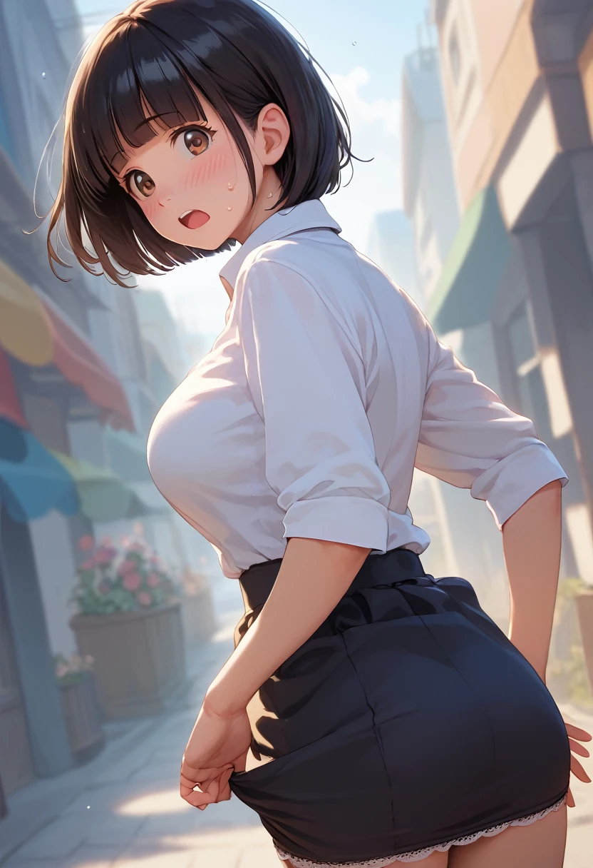 score_9,score_8_up,score_7_up,masterpiece,best quality, source anime, realistic, super detailed, extreme detailed, rating_safe,
1girl, standing, skirt tug, white lace panties, from behind, looking back, cowboy shot,
BREAK girl, 22yo, short hair, bob cut, (blunt bangs), black hair, (tareme, detailed cute brown eyes), curled eyelashes, (large breasts:0.9),
shiny hair, beautiful detailed eyes, beautiful face, sweat,
white collared shirt, black tight mini skirt,
embarrassed, blush, surprised eyes, screaming,
outdoors, street