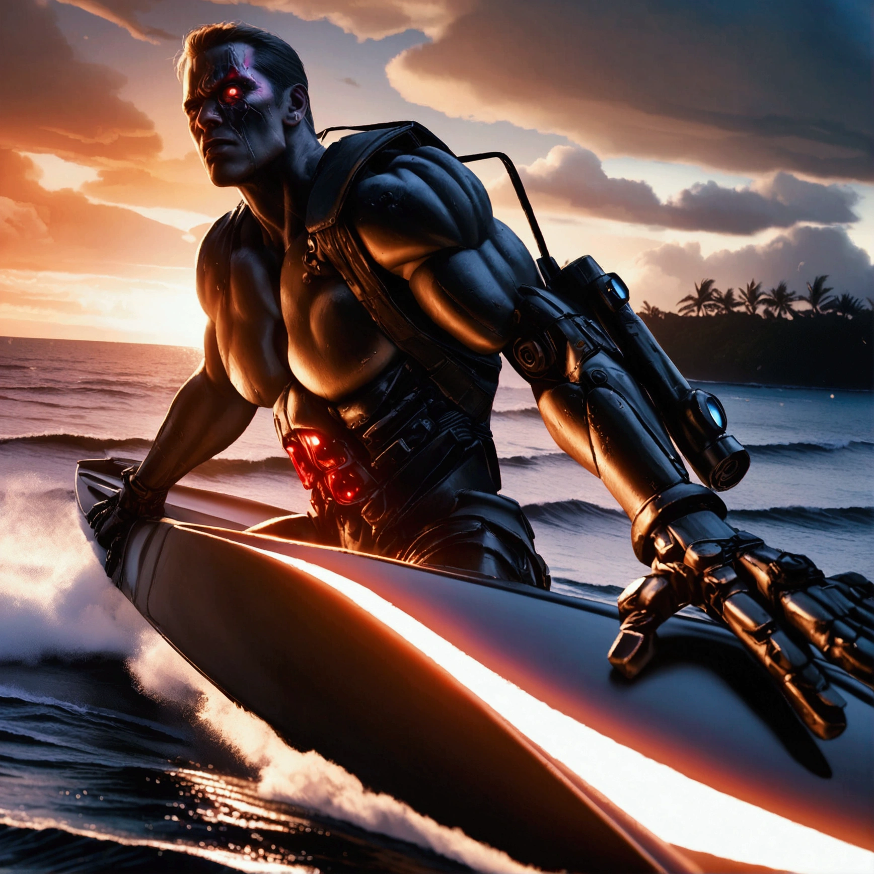Arnold Schwarzenegger as T-800 battle damaged,1990s,wielding machine gun,riding surfboard,intense horror sci-fi,Hawaii,photorealistic,hyperdetailed,high contrast lighting,gritty,dramatic posing,muscular body,metallic exoskeleton,glowing red eyes,steam venting,ocean waves,palm trees,cloudy sky
