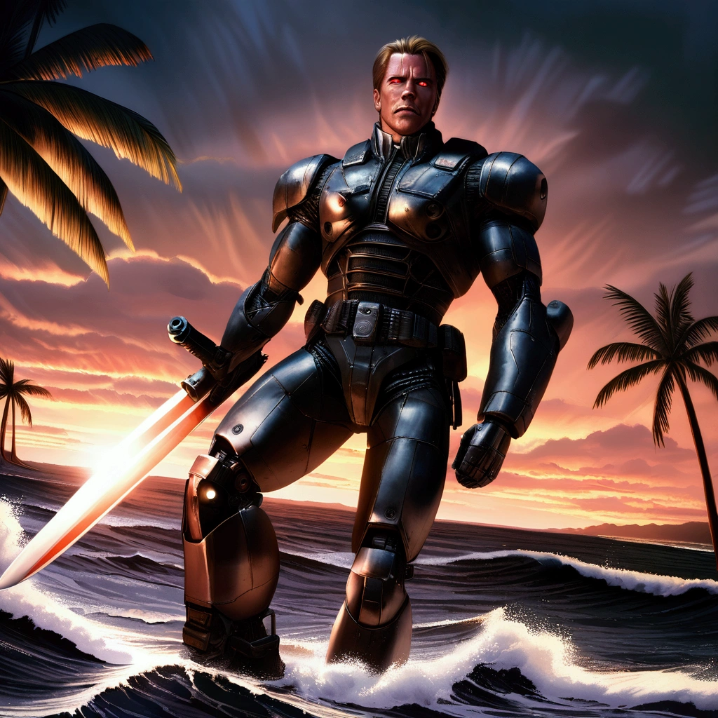 Arnold Schwarzenegger as T-800 battle damaged,1990s,wielding machine gun,riding surfboard,intense horror sci-fi,Hawaii,photorealistic,hyperdetailed,high contrast lighting,gritty,dramatic posing,muscular body,metallic exoskeleton,glowing red eyes,steam venting,ocean waves,palm trees,cloudy sky