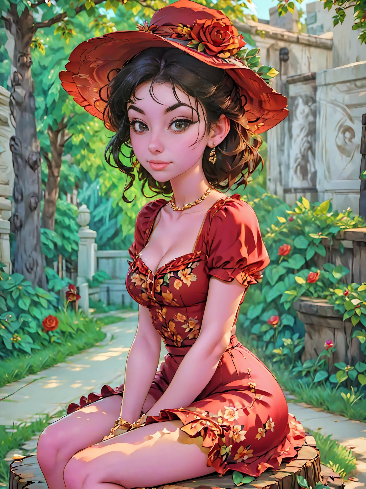 woman sitting on a tree stump wearing a dress and hat, a portrait by Zofia Stryjenska, tumblr, renaissance, pinup style, rockabilly style, romantic dress, dressed in a flower dress, red rose in hair, red floral dress, red dress and hat, rockabilly, floral couture, black and red dress, dressed like in the 1940s