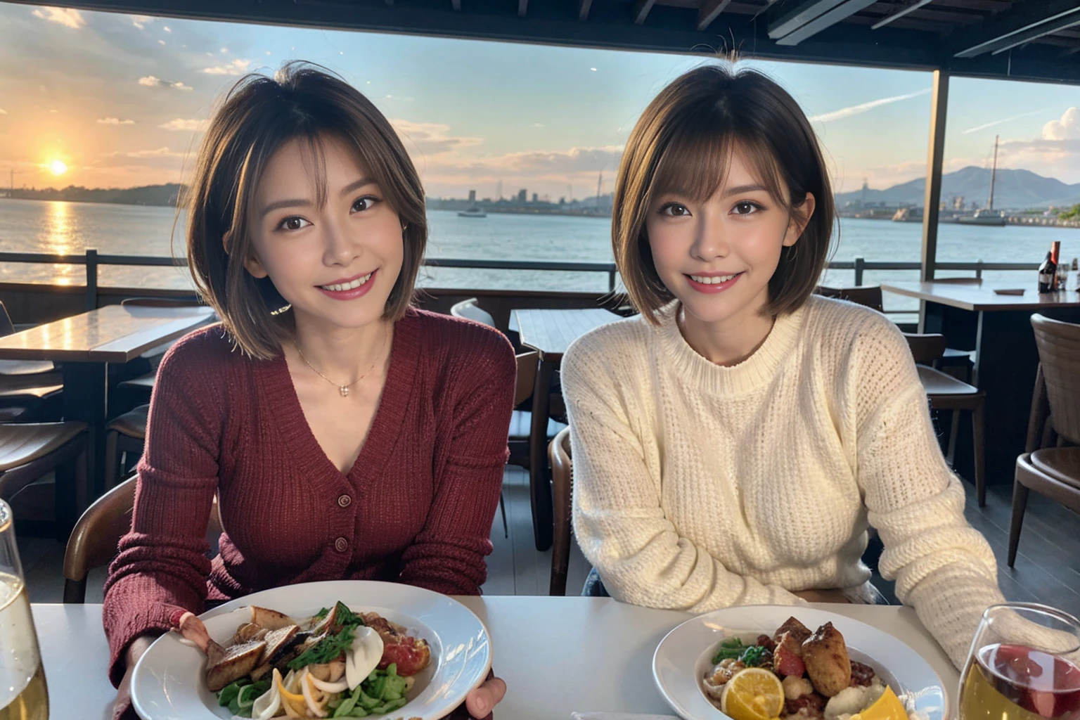 (Realistic:1.1),(masterpiece,Highest quality),8k,(55 years old), 53 years old, ベリーslimボディ、slimカップル、Tight waist,Upper Body,full-course dinner、wine 、Amazing view of the sunset sky and clouds、Perfect Anatomy, Brown Hair, short hair,Random Hairstyles,((Highly detailed face and eyes:1.2)),Perfect golden ratio face,Long sleeve shirt、dress,(smile:1.2)、Shortcuts、cute、(Realistic, Intricate details:1.2), A bright smile、short hair,Bright Face、赤wine 、Appetizers、Italian food、wine bottle、Champagne、スパークリングwine、(slimな顔), (The body is slim), (Brown Hair), (Shortcuts), Upper Body, 白wine, slim, wineグラス,