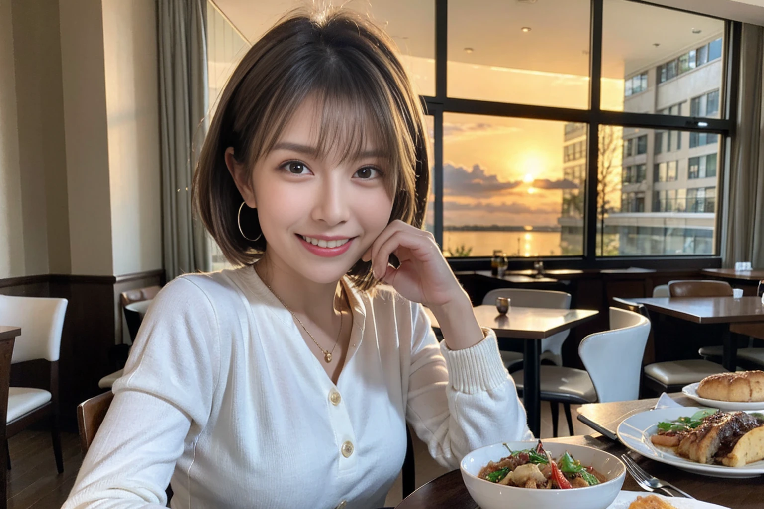 （Realistic:1.1）,(masterpiece,Highest quality)，8k,(55 years old), 53 years old, ベリーslimボディ、slimカップル、Tight waist,Upper Body,full-course dinner、wine 、Amazing view of the sunset sky and clouds、Perfect Anatomy, Brown Hair, short hair,Random Hairstyles,((Highly detailed face and eyes:1.2))，Perfect golden ratio face，Long sleeve shirt、dress,(smile:1.2)、Shortcuts、cute、(Realistic, Intricate details:1.2), A bright smile、short hair,Bright Face、赤wine 、Appetizers、Italian food、wine bottle、Champagne、スパークリングwine、(slimな顔), (The body is slim), (Brown Hair), (Shortcuts),  Upper Body, 白wine, slim, wineグラス, 