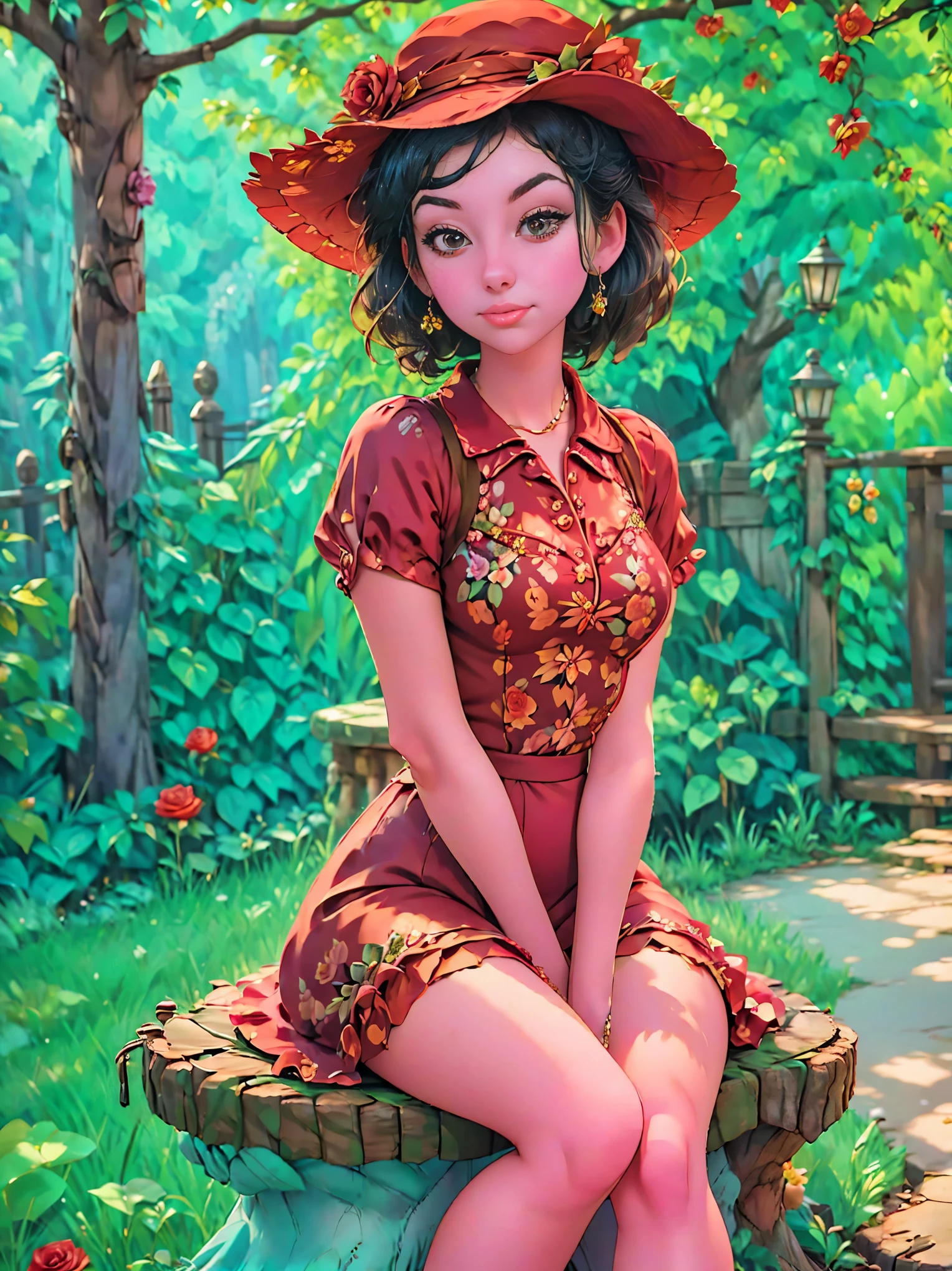 woman sitting on a tree stump wearing a dress and hat, a portrait by Zofia Stryjenska, tumblr, renaissance, pinup style, rockabilly style, romantic dress, dressed in a flower dress, red rose in hair, red floral dress, red dress and hat, rockabilly, floral couture, black and red dress, dressed like in the 1940s
