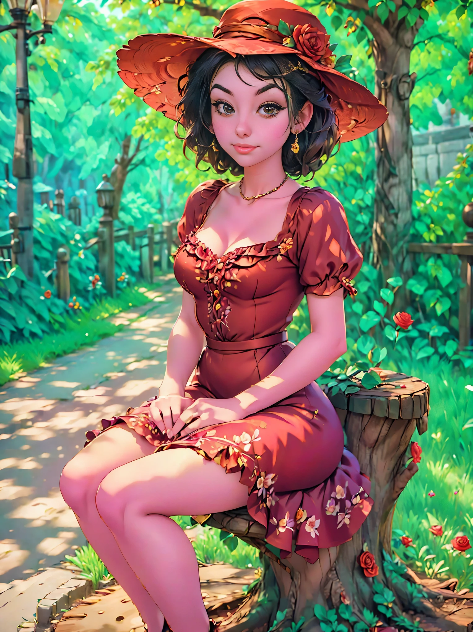 woman sitting on a tree stump wearing a dress and hat, a portrait by Zofia Stryjenska, tumblr, renaissance, pinup style, rockabilly style, romantic dress, dressed in a flower dress, red rose in hair, red floral dress, red dress and hat, rockabilly, floral couture, black and red dress, dressed like in the 1940s