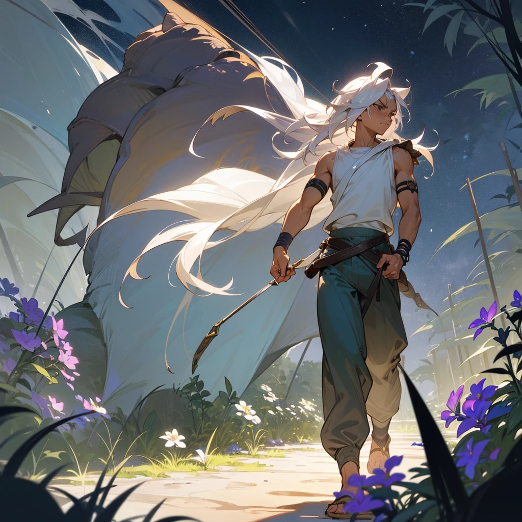 1male, muscular, tan skin, young teen, finely detailed lavander eyes, wild long hair, messy hair, seashell white color hair, adventurer gear, sleeveless shirt, baggy combat pants, night time, dark forest, somber expression, angry, flowers, standing on path, lanturns, black armband, cut over eyebrow