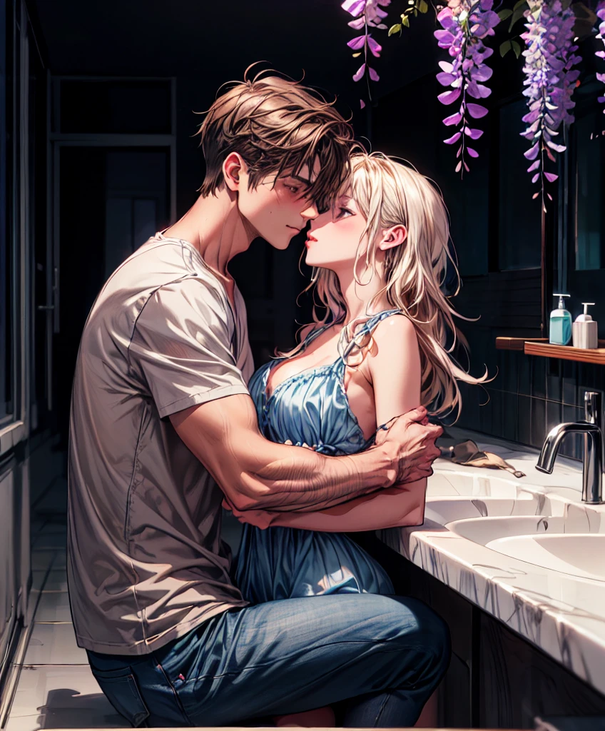 ((absurdres, higher, ultra HD)) 1 male, 1 female,mature, kissing each other, girl is sit on the wash basin, guy is front of her slightly bend towards her, man is shirtless, wearing blue jeans ,woman wearing beautiful pink dress, wisteria flower around them, beautiful, scenary, romantic,((calm and romantic expression:1.2)) ,pixiv, digital painting, mascular man, beautiful elegant woman, (gray stylish hair for man), (brown long hair for woman)