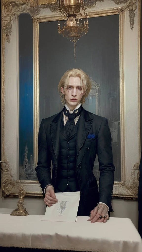 (long shot) (a large, artfully framed painting by a rotten Dorian Gray hanging on the wall of a spacious room. The painting shows him in a rotten state: his hair is dull and stringy, blue eyes sunken and surrounded by deep, dark eye sockets . The symmetrical face with the high cheekbones is marked by decay; lips are cracked and bloodless. He wears a worn, tailored dark suit and the fine white shirt, his look is full of fear and desperation ::(The same Dorian Gray stands in front of the painting. He has shoulder-length, thick, shiny golden blonde hair, bright blue eyes, flawless pale skin, a symmetrical face with high cheekbones, a strong jaw, a straight nose and full rose (He wears a tailored dark suit, a fine white shirt and subtle jewelry. ) In the background of the room, opulent furniture, heavy curtains and antique decorations can be seen, adding to the luxurious atmosphere. -- ar 9:16 , --  Chaos 100

