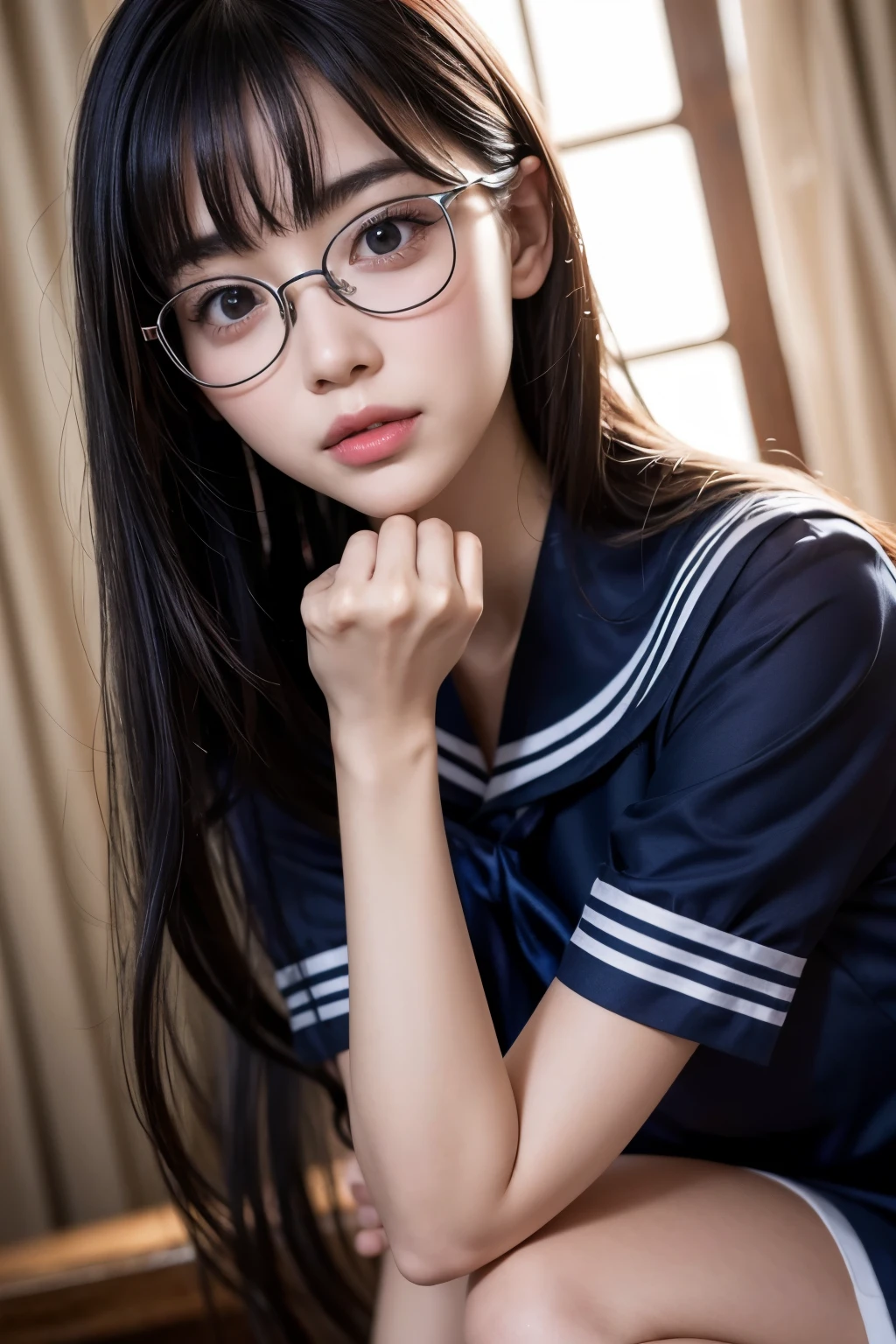 a kneeling japanese school girl with long black hair wearing a sailor uniform and glasses, cute girl , lovely look, detailed face and eyes, (best quality,4k,8k,highres,masterpiece:1.2),ultra-detailed,(realistic,photorealistic,photo-realistic:1.37),beautiful detailed eyes,beautiful detailed lips,extremely detailed eyes and face,longeyelashes,intricate,delicate,elegant,soft lighting,warm color tones,cinematic lighting,natural lighting,atmospheric