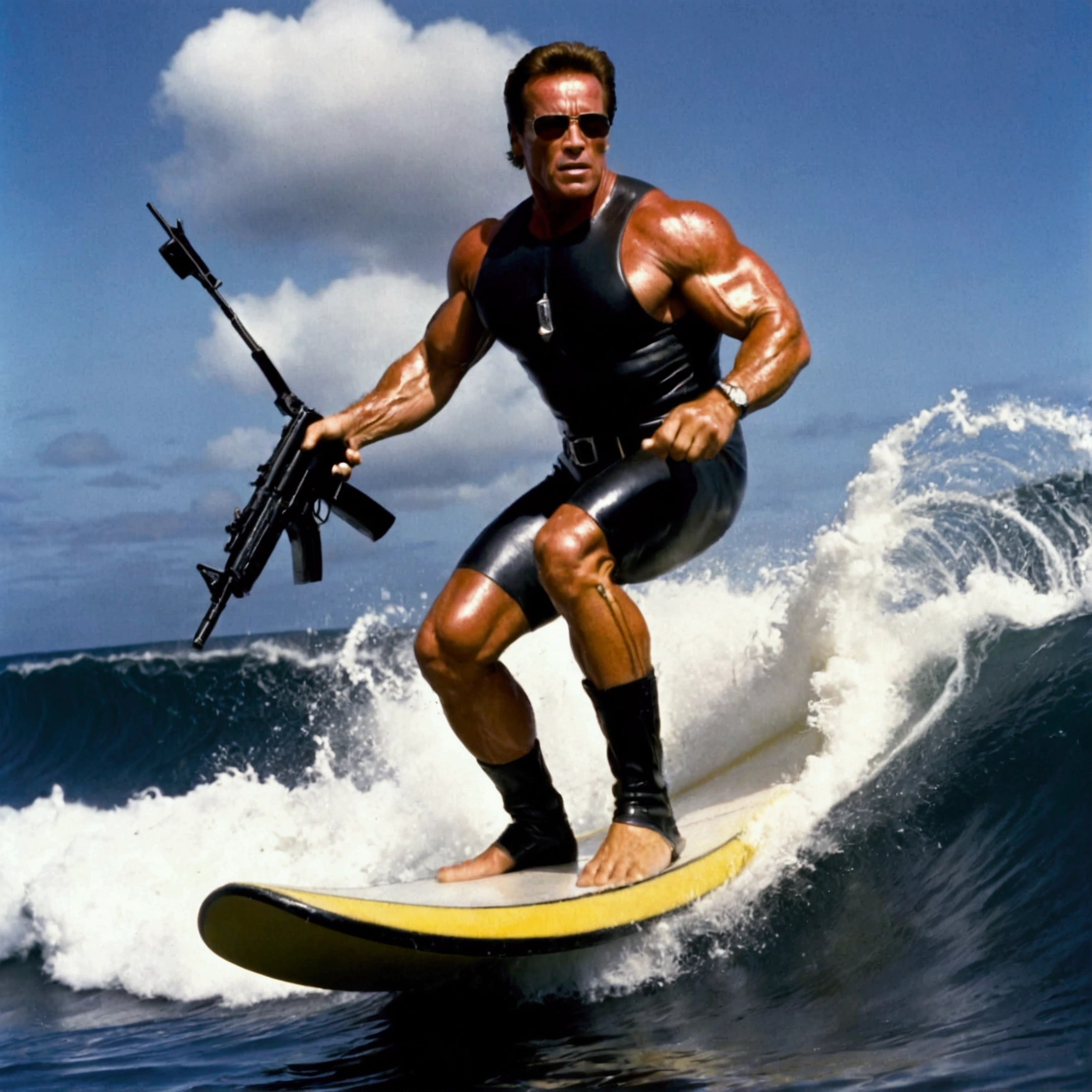 (riding a surf board) Arnold Schwarzenegger, circa 1990, as T-800 battle damaged wielding a machine gun, riding a surf board. intense, horror sci fi, Hawaii
