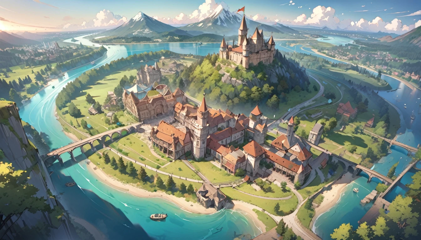 (masterpiece、premium quality、ultra detailed) , Map of an island, with city,castles, circus, ruins, forest, mountains and rivers, site of a Battle Royal competition.