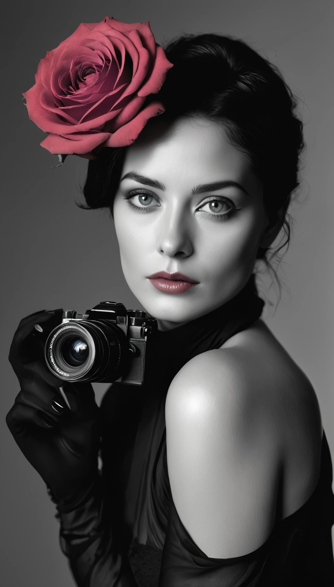 une femme aux yeux bleus, une peau impeccable, tir à moitié du corps, tenant une rose noire, style de photographie fantaisiste, capturé avec un appareil photo Arriflex 35BL utilisant des objectifs Canon K25, Cinématique, Éclairage dramatique, Extrêmement clair, masterpiece surréaliste à couper le souffle.
