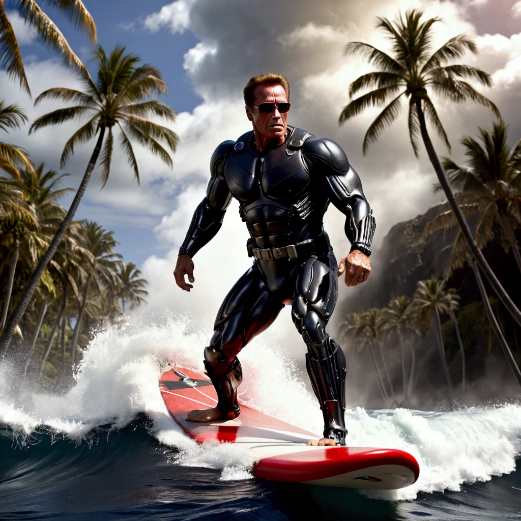 (riding a surf board) Arnold Schwarzenegger as T-800 battle damaged,1990s,wielding machine gun,riding surfboard,intense horror sci-fi,Hawaii,photorealistic,hyperdetailed,high contrast lighting,gritty,dramatic posing,muscular body,metallic exoskeleton,glowing red eyes,steam venting,ocean waves,palm trees,cloudy sky