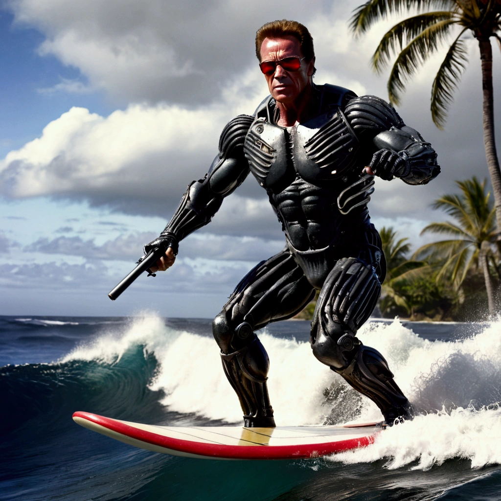 (riding a surf board) Arnold Schwarzenegger as T-800 battle damaged,1990s,wielding machine gun,riding surfboard,intense horror sci-fi,Hawaii,photorealistic,hyperdetailed,high contrast lighting,gritty,dramatic posing,muscular body,metallic exoskeleton,glowing red eyes,steam venting,ocean waves,palm trees,cloudy sky
