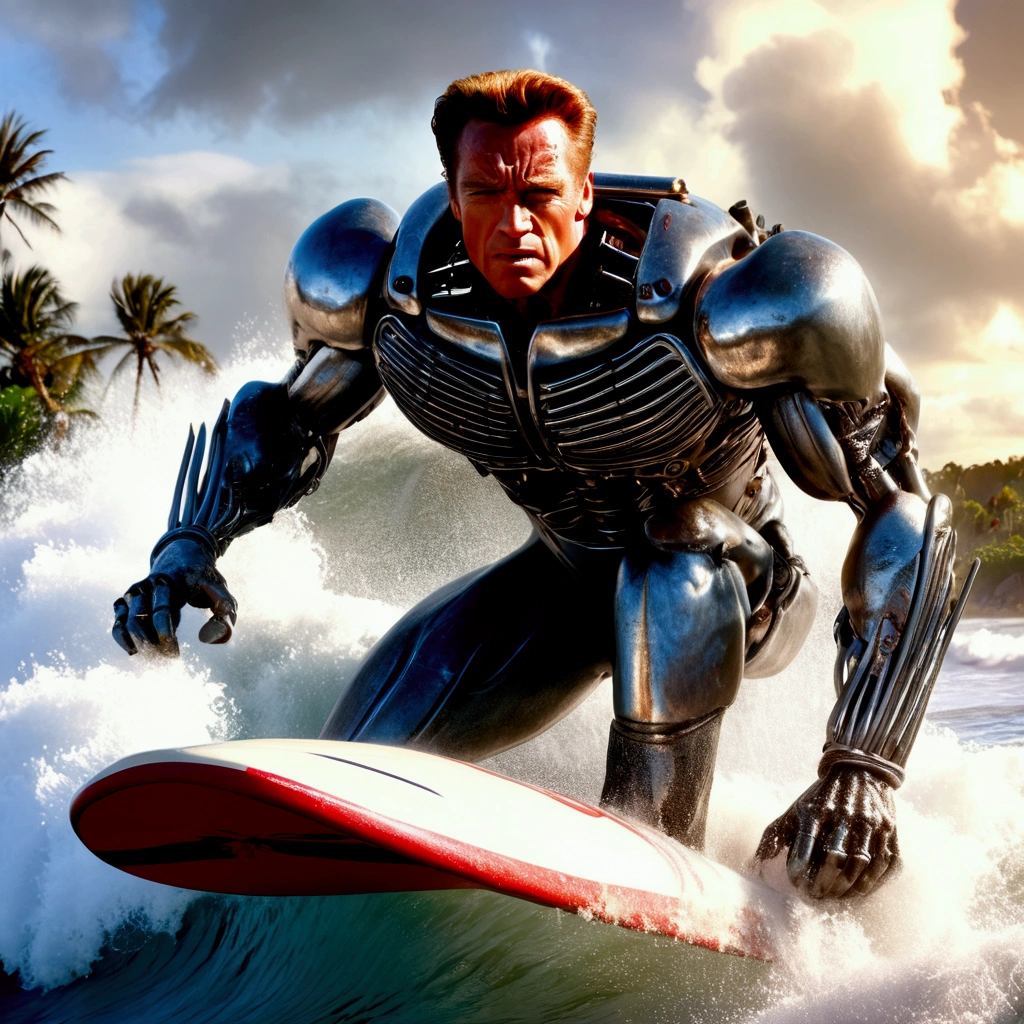(riding a surf board) Arnold Schwarzenegger as T-800 battle damaged,1990s,wielding machine gun,riding surfboard,intense horror sci-fi,Hawaii,photorealistic,hyperdetailed,high contrast lighting,gritty,dramatic posing,muscular body,metallic exoskeleton,glowing red eyes,steam venting,ocean waves,palm trees,cloudy sky