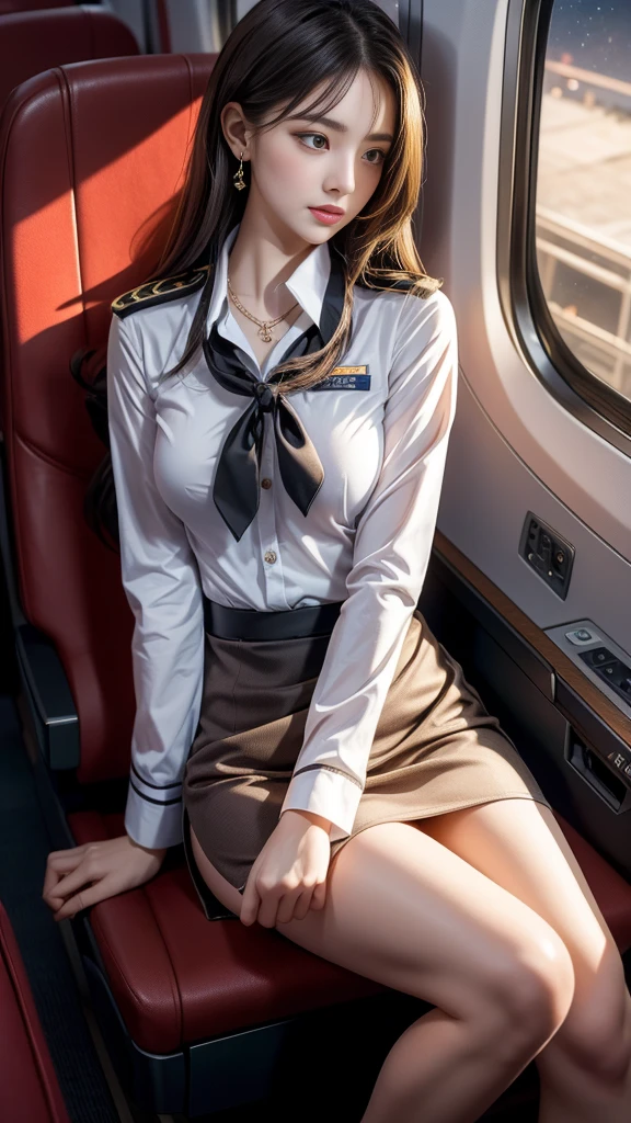 (32K:1.9, Highest quality, masterpiece, Ultra-high resolution), Professional camera work:1.3, Very detailedな肌と顔の質感:1.3, Always accurate, Very detailed, ((23 years old, New Stewardess, Business class airplane aisle:1.4, The moonlight at night illuminates the cabin)), (Stewardess Uniform:1.4, Incredibly slim body, Large Breasts), Fair skin, elegant, sense of cleanliness, Sensual pose, (Big eyes that exude beautiful eroticism:0.4, A shy smile:1.0, I love you with all my heart:0.8, Please open your mouth a little, lipstick, Feel the beautiful eroticism:0.9), (Dark brown medium hair), Earrings, necklace, bracelet, (romantic, mysterious), Object of admiration, original, dramatic, artistic, Innovative, Charm, Heartful, Fancy, sense of openness, special, exciting, Extreme, Tilt, sense of loss, sorrow, sorrowの表現, ((The charm of youth, Feminine charm))
