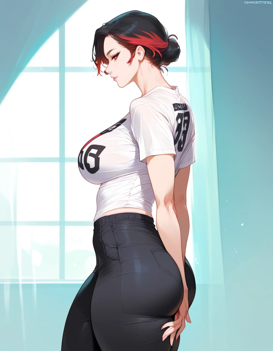 mixed_artstyle, 1 girl, Alone, hands, Asian, short black t-shirt, black pants, short black hair with red highlights, red eyes, realistic, textures, 8K, perfect hand, perfect anatomy, Profile, visible curves, Breasts,