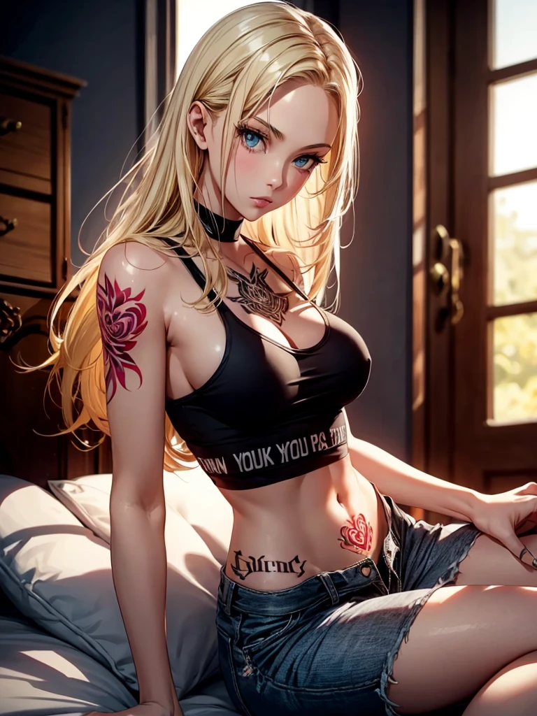Beautiful girl, slim fit body, tank top, tattooed bodey , blond girl sultry look, seductive