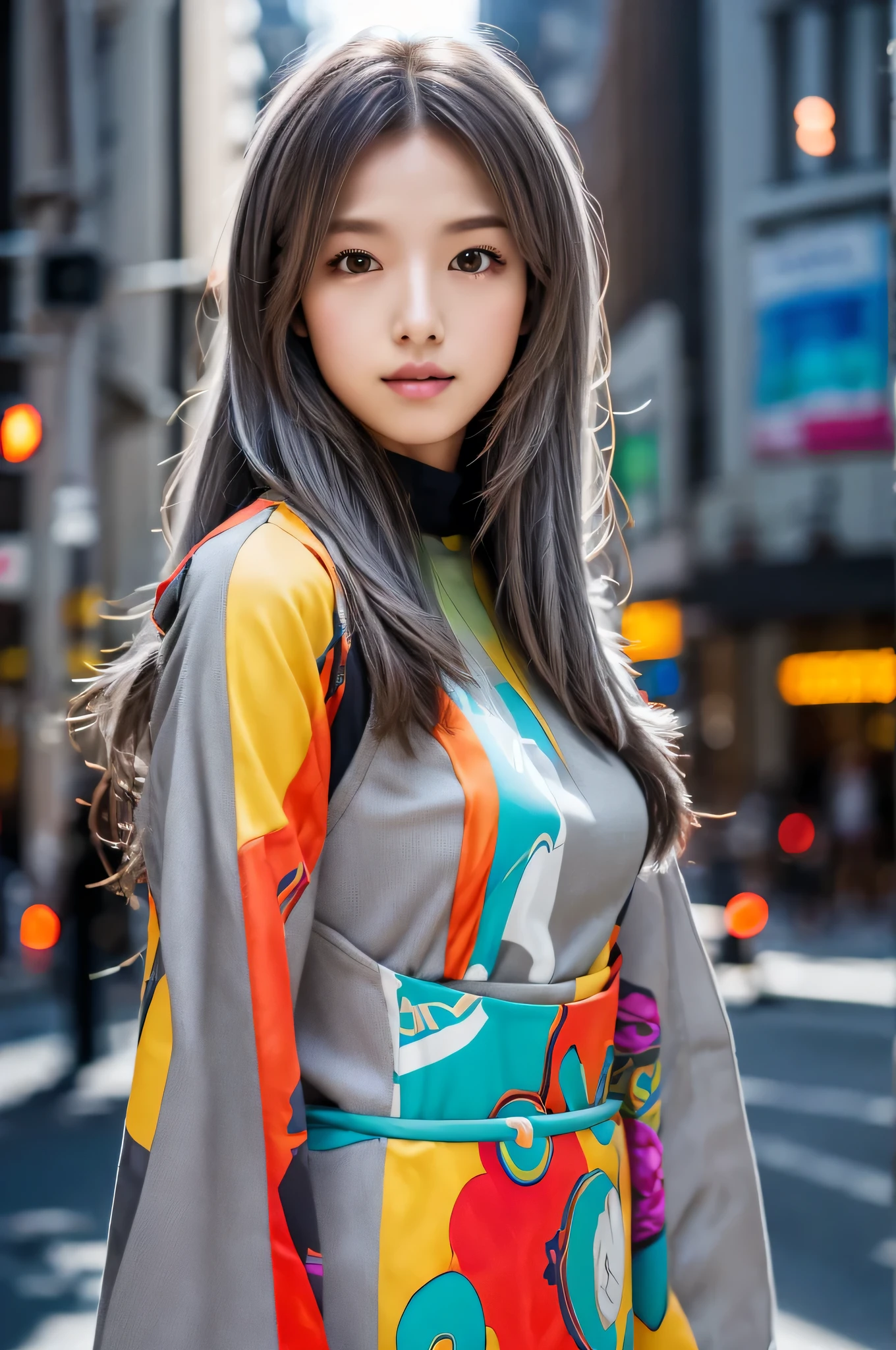 masterpiece, high quality, high resolution, 8k, (alone:1.2), ((1 woman)), japanese girl, detailed face, detailed eyes, correct body structure, upper body, ((gray hair:1.2)), very long hair, messy hair, slim body, Seductive silhouette, shining bones, depth of field, dark photo at night, dimly lit, forehead, movie lights, Tyndall effect, abstract background, futuristic clothing, vivid colors, modern style, wide sleeves, artistic, unique pattern, fancy, Refined, tendency