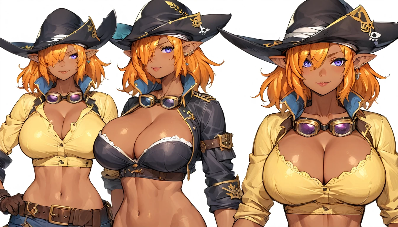 best quality,4k,8k, highres, masterpiece:1.2), ultra-detailed, extremely detailed eyes, extremely detailed body, (large masterpiece digital art), (detailed manga illustration), (detailed line art), ((perfect anatomy)), (intricate details:1.3), (ultra-detailed:1.3), (illustration:1.3), (sharp focus:1.3), (natural lighting:1.05), (vivid colors:1.3), (masterpiece), (best quality:1.4), (perfect anatomy:1.4), high quality, expressive eyes, full body, detailed face, beautiful face, perfect face, 1 girl, tall girl, breast, large breast, cleavage, detailed hair, medium hair, orange hair, hair over one eye, purple eyes, goggles around neck, (whale girl), fins, pointy ears, pirate, pirate hat, tricorne, earrings, ((yellow shirt)), crop top, cross-laced clothes, belt, wide smile, (sharp teeth), ((cropped jacket)), martial artist stance, (midriff), asymmetrical clothes, (asymmetrical pants), gloves, curvy, two-tone skin, black skin, jewelry, Intricate, High Detail, Sharp focus, design sheet, consistent character, turnaround, concept,