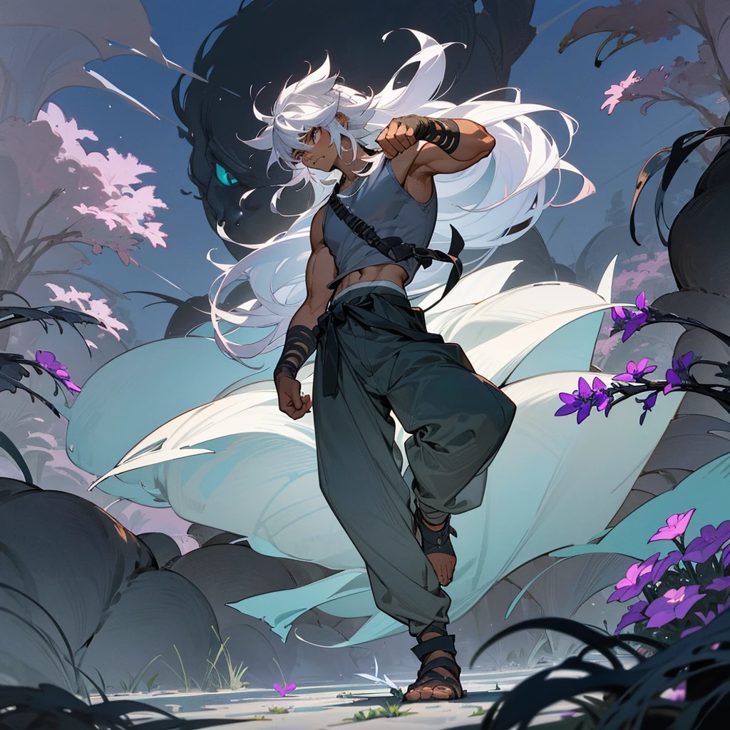 1male, muscular, dark skin, young teen, finely detailed lavander eyes, wild long hair, messy hair, seashell white color hair, adventurer gear, sleeveless shirt, baggy combat pants, night time, dark forest, somber expression, angry, flowers, standing on path, lanturns, black armband, cut over eyebrow