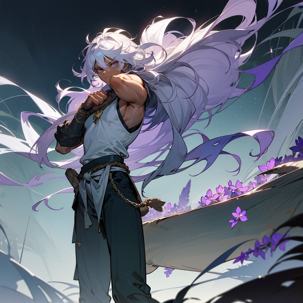 1male, muscular, dark skin, young teen, finely detailed lavander eyes, wild long hair, messy hair, seashell white color hair, adventurer gear, sleeveless shirt, baggy combat pants, night time, dark forest, somber expression, angry, flowers, standing on path, lanturns, black armband, cut over eyebrow