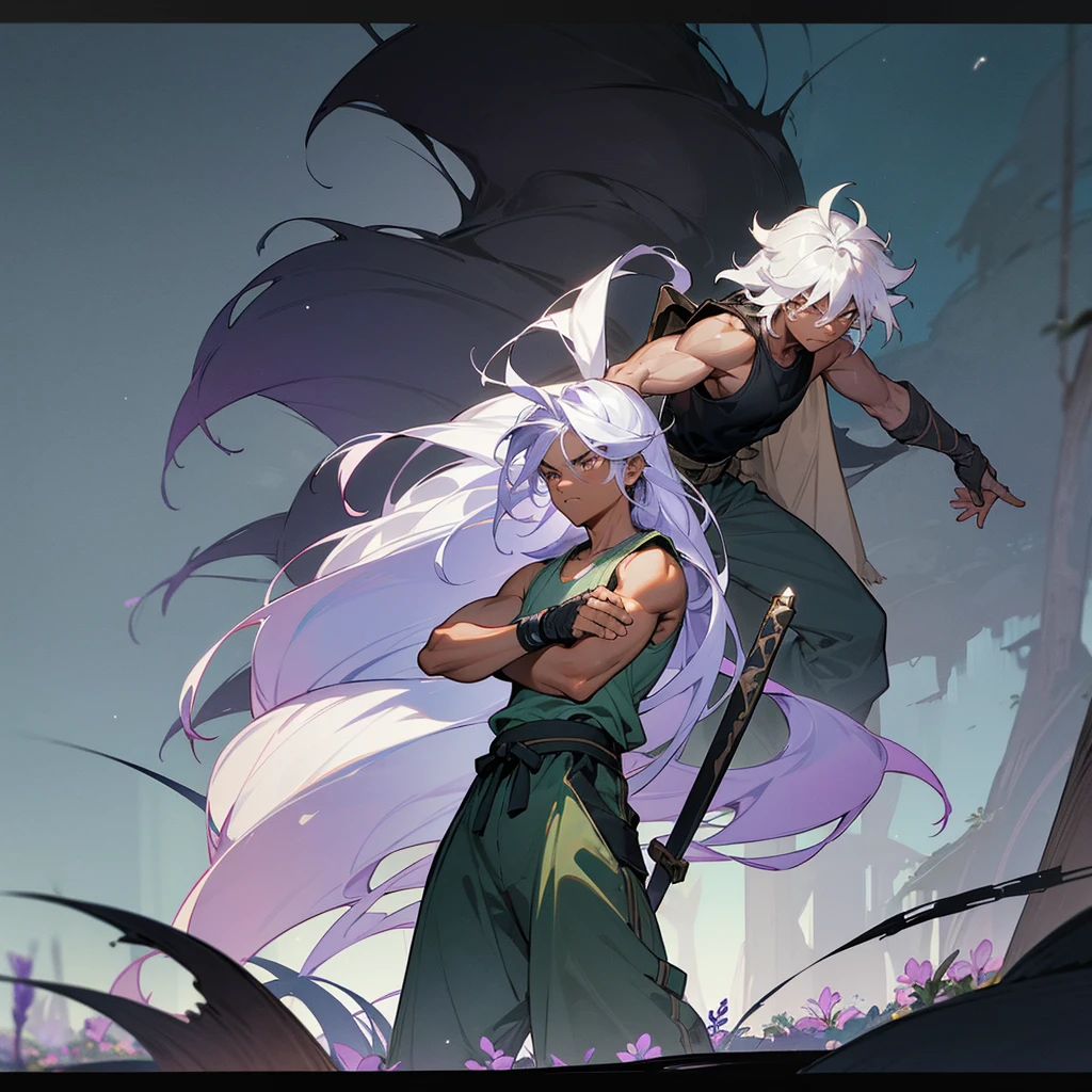 1male, muscular, dark skin, young teen, finely detailed lavander eyes, wild long hair, messy hair, seashell white color hair, adventurer gear, sleeveless shirt, baggy combat pants, night time, dark forest, somber expression, angry, flowers, standing on path, lanturns, black armband, cut over eyebrow