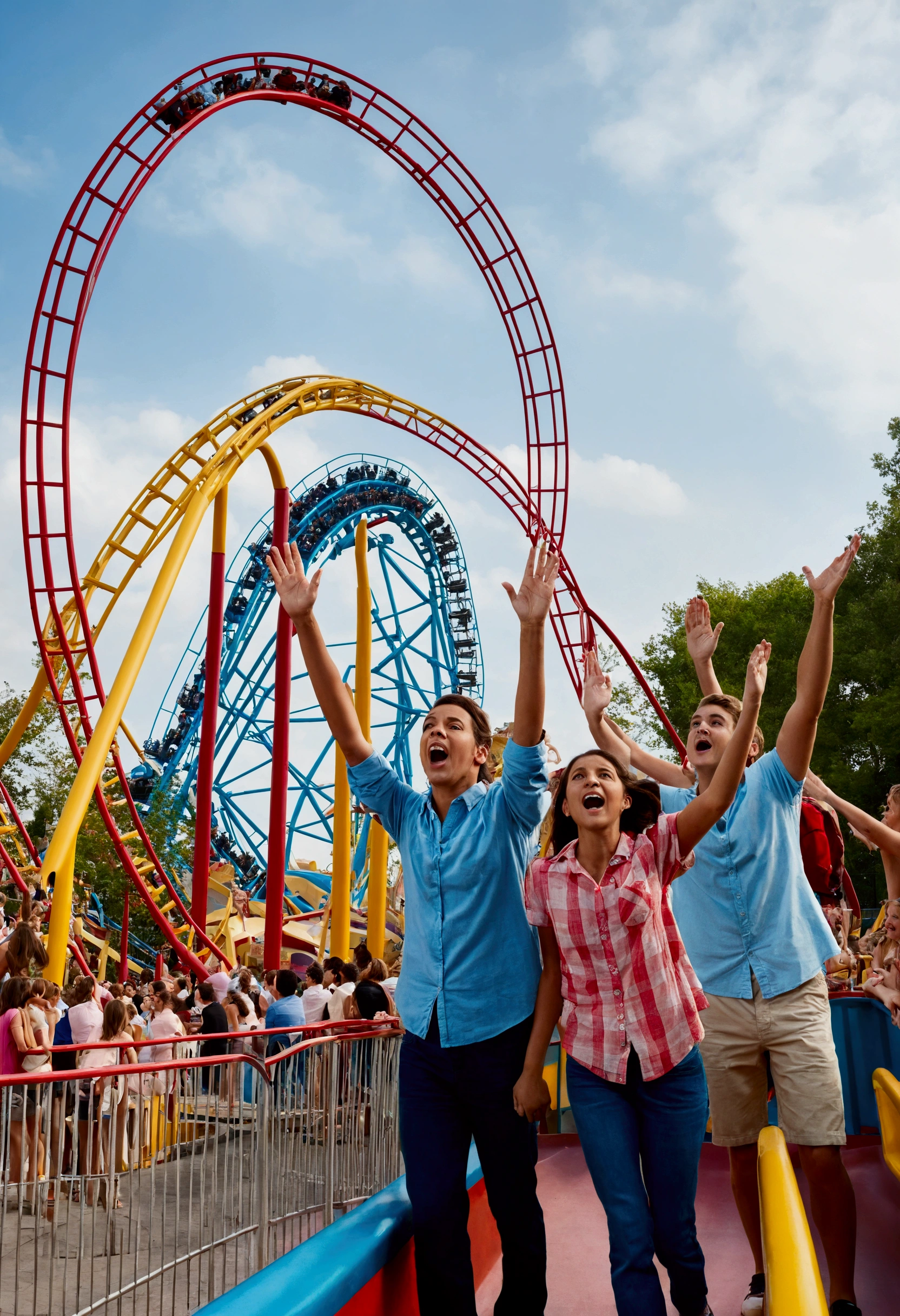Show me a large photo showing an amusement park with a roller coaster in the background where there are only two passengers raising their hands while there are other people walking and talking in scattered parts of the place.