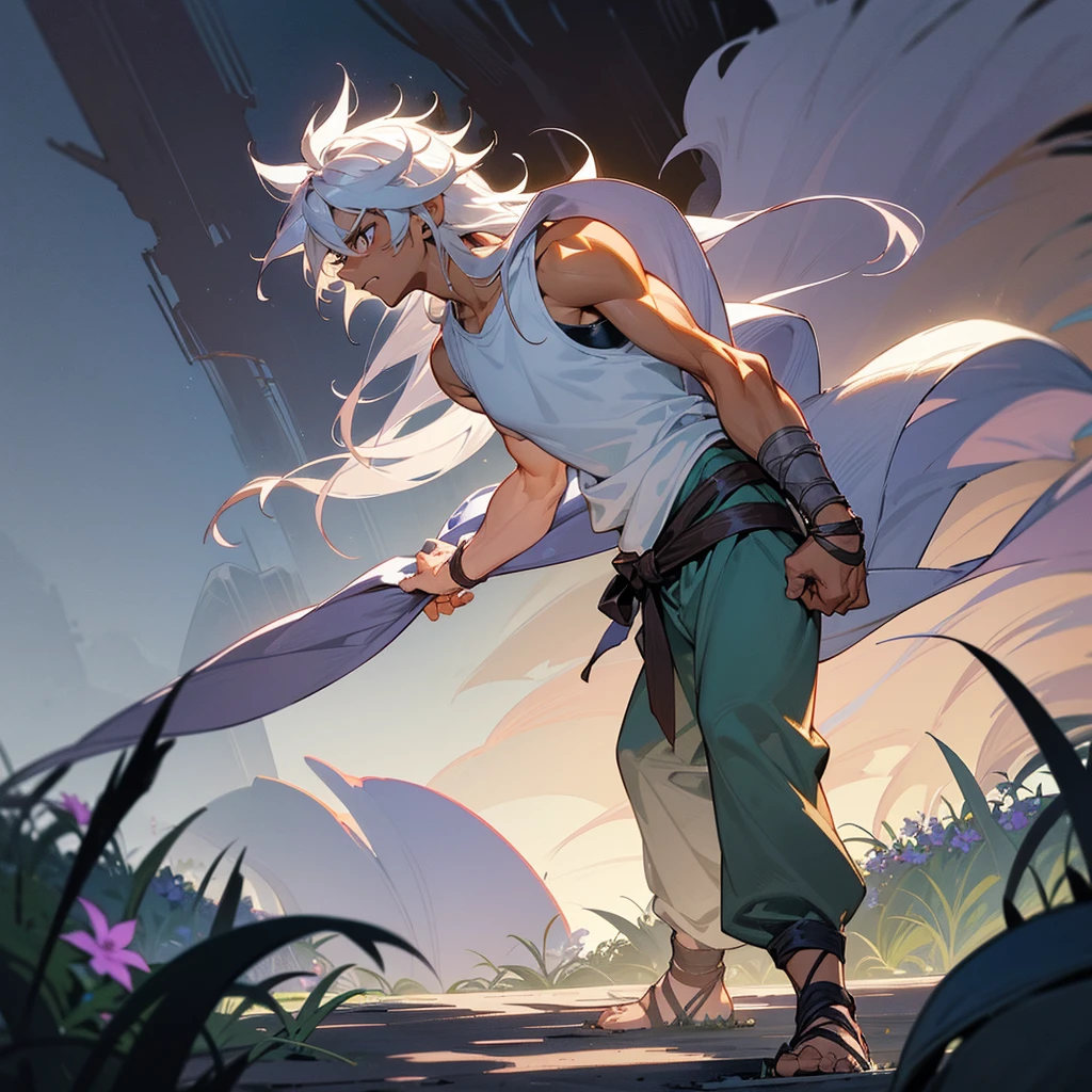 1male, muscular, tan skin, young , finely detailed lavander eyes, wild long hair, messy hair, seashell white color hair, adventurer gear, sleeveless shirt, baggy combat pants, night time, dark forest, somber expression, angry, flowers, standing on path, lanturns, black armband, cut over eyebrow