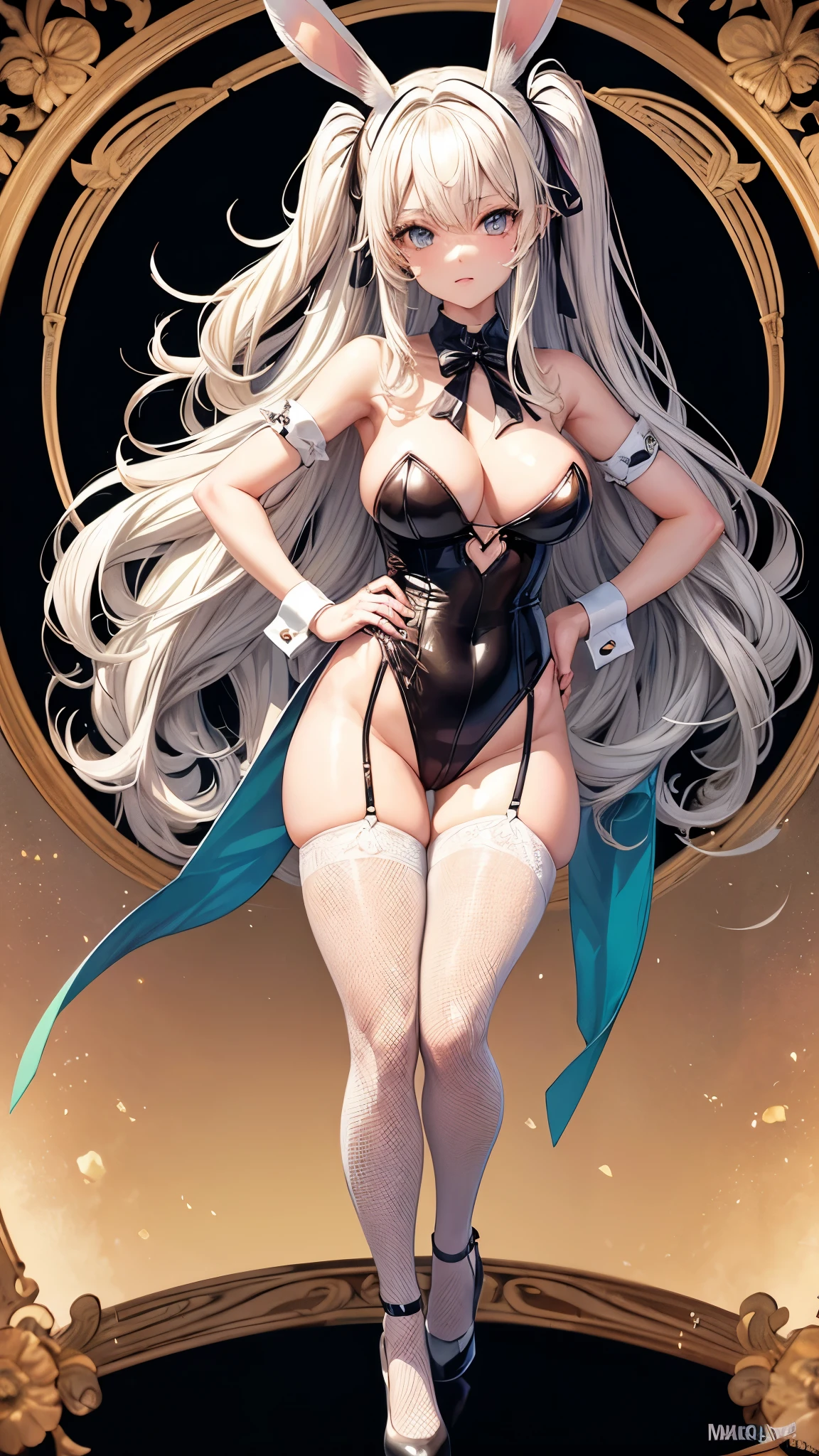((Best Quality)), (ultra-detailliert), ((Extremely detailed)), (Beautiful), ((Kawaii Girl)),(two side up hair)、((masutepiece)), ((Platinum Blonde Hair)), Long hair, hair between eye, Wavy Hair, Long sideburns, Jade-colored eyes, White skin,Colossal 、Rabbit ears, Slender body, Playny, Fishnet tights, High heels , Casino, One Woman, Anime