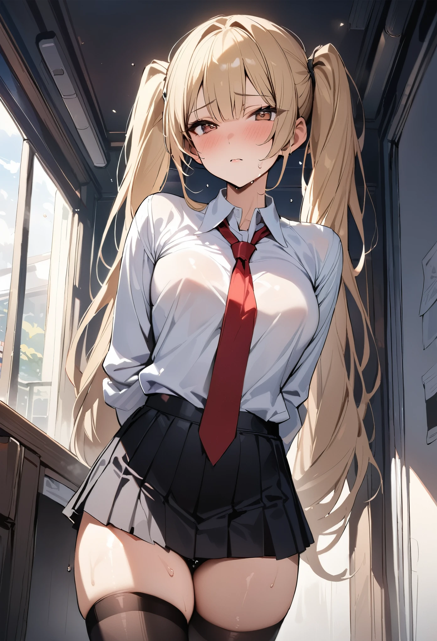 ((masterpiece,best quality anime,Highest quality:1.3)),cowboy shot,Mature Beauty,独奏,1woman,((very small head:1.3)),((ideal ratio body proportions:1.2)),blonde hair,high twin tails,straight long hair,bangs,gorgeous eyes,brown eyes,shy,(White collared shirt、Long sleeve、Red tie、Black pleated mini skirt),black_thighhighs,black hair_ties,((slender body,skinny)),medium breasts,sweat:1.3,gleaming skin,shiny skin,arms behind back,standing,Dimly lit nurse&#39;s office、Simple bed、Academy、Modern Tokyo、nsfw,