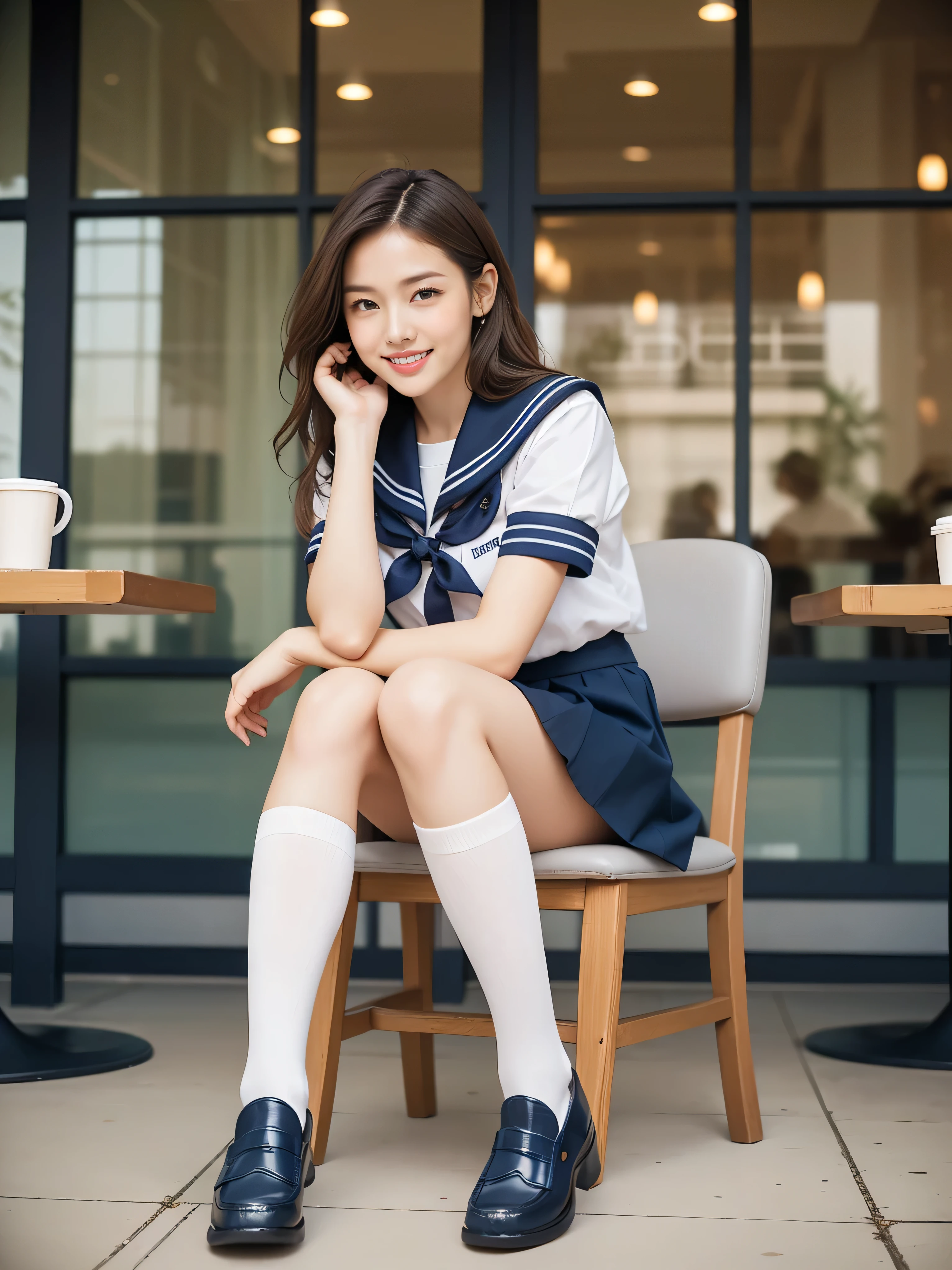 (masterpiece, Highest quality:1.2), One Girl, alone, whole body, Big Breasts,, Brown Hair,Big Breasts, Brown eyes, Mature Woman, whole body, Brown Hair, lipstick, ランダムなカラーのSailor suit、((High quality fabric, Sailor suit, Navy Pleated Skirt)), ((Short length)), zettai ryouiki, Exposing your thighs, White skin, (White knee-high socks), ((Wear black loafers))､Super long brown hair,Hair with loose waves inside,reaching down to the waist,((Place your left hand gently on your chin:1.3))、((A shy smile:1.3)),((At Starbucks Coffee、Sitting on a chair))