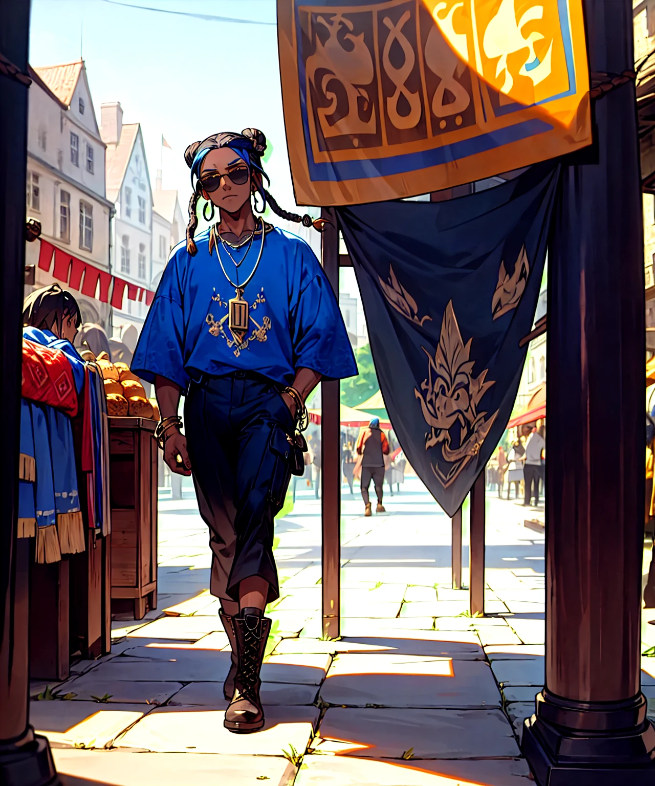 1male: Black skin, dreadlocks tied in a bun, wearing a loose-fitting midnight blue tunic with silver embroidery, black cargo pants, leather boots, aviators, a pendant necklace, set in a medieval marketplace with colorful stalls and banners, standing on path.