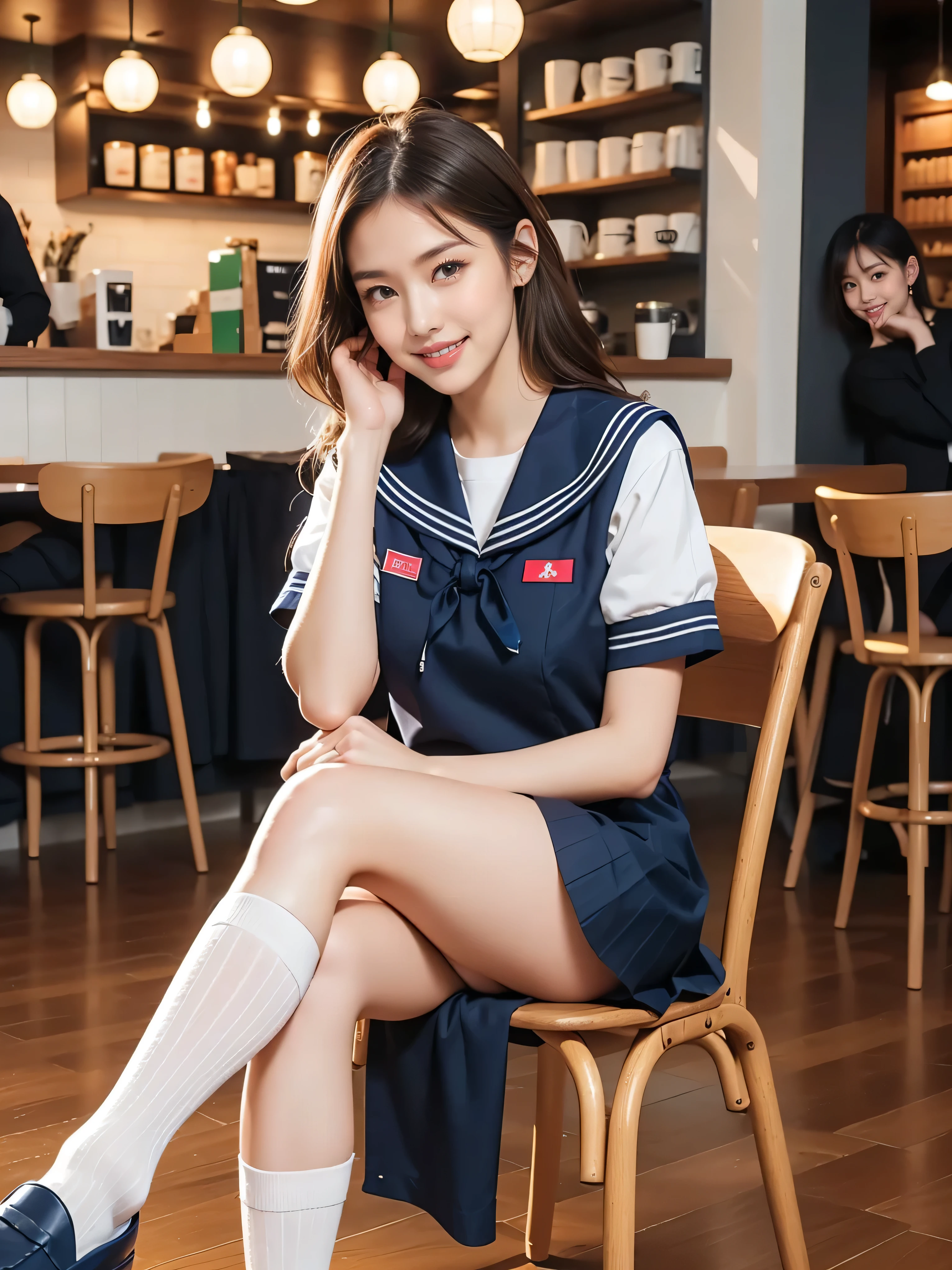 (masterpiece, Highest quality:1.2), One Girl, alone, whole body, Big Breasts,, Brown Hair,Big Breasts, Brown eyes, Mature Woman, whole body, Brown Hair, lipstick, ランダムなカラーのSailor suit、((High quality fabric, Sailor suit, Navy Pleated Skirt)), ((Short length)), zettai ryouiki, Exposing your thighs, White skin, (White knee-high socks), ((Wear black loafers))、Super long brown hair,Hair with loose waves inside,reaching down to the waist,((Place your left hand gently on your chin:1.3))、((A shy smile:1.3)),((At Starbucks Coffee、Sitting on a chair))