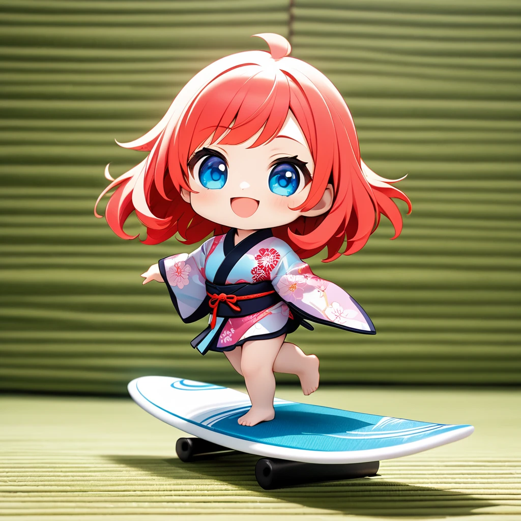 ultra-small deformation, Chibi Cute, 1girl, solo, full body, professional surfer, wearing a Japanese kimono, surfing on top of Japanese tatami, smile, open mouth, High contrast and vivid color, simple background