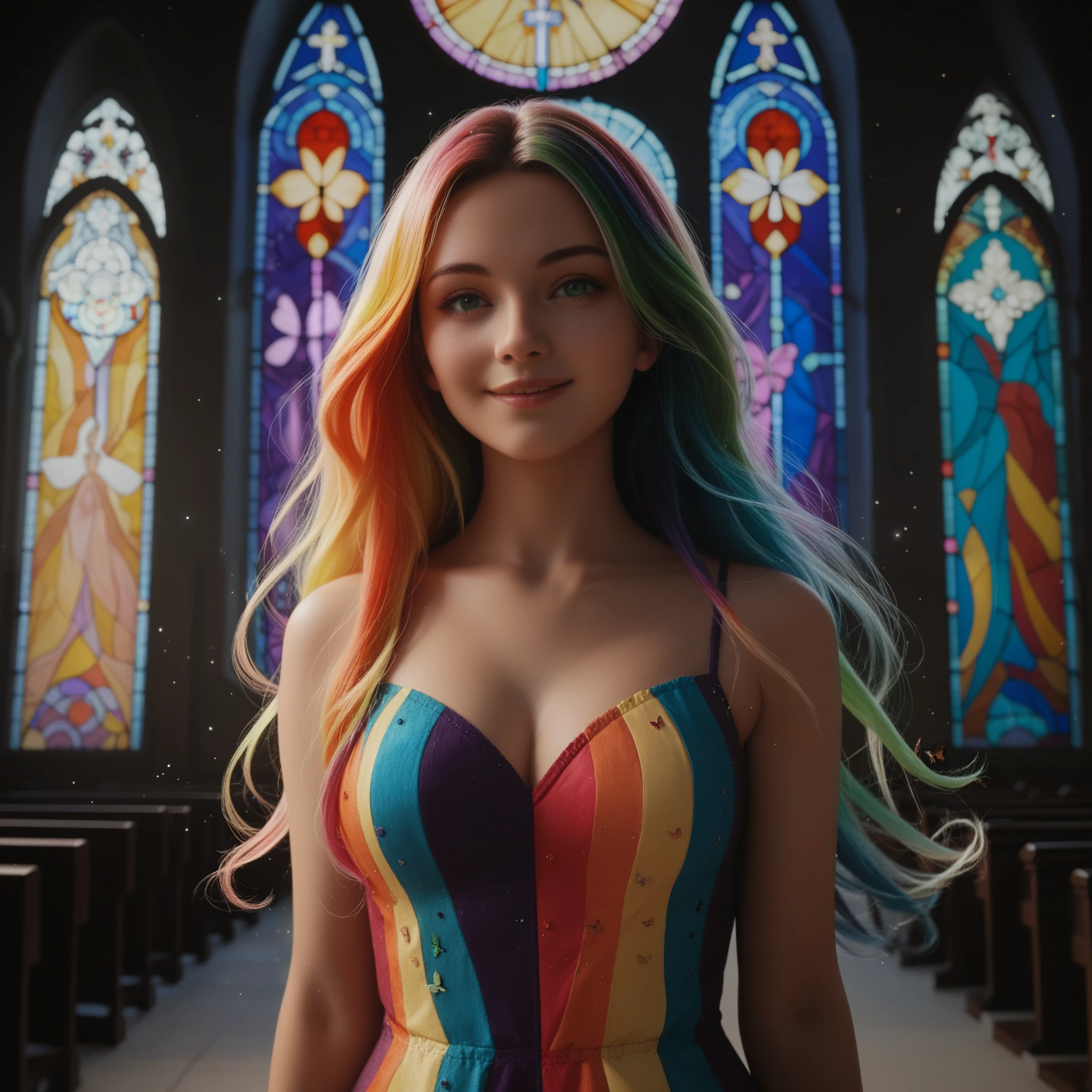 1 girl, ​masterpiece, extremely detail, ((cinematic lighting)), (glowing), ((dramatic lighing)), ((beautiful, detailed lighting)), Intricate detailing, Lens reflection, multi-colored hair, Rainbow hair, Long hair, multicolored dress, butterfly hair ornament, butterflies, (light particles), Arms behind the back, big , [curvy], Cowboy-shot, slight smile, green eyes, church, Stained glass, spotlight, dark background, floating hair, floating hair, Viewers look at,((colorful))