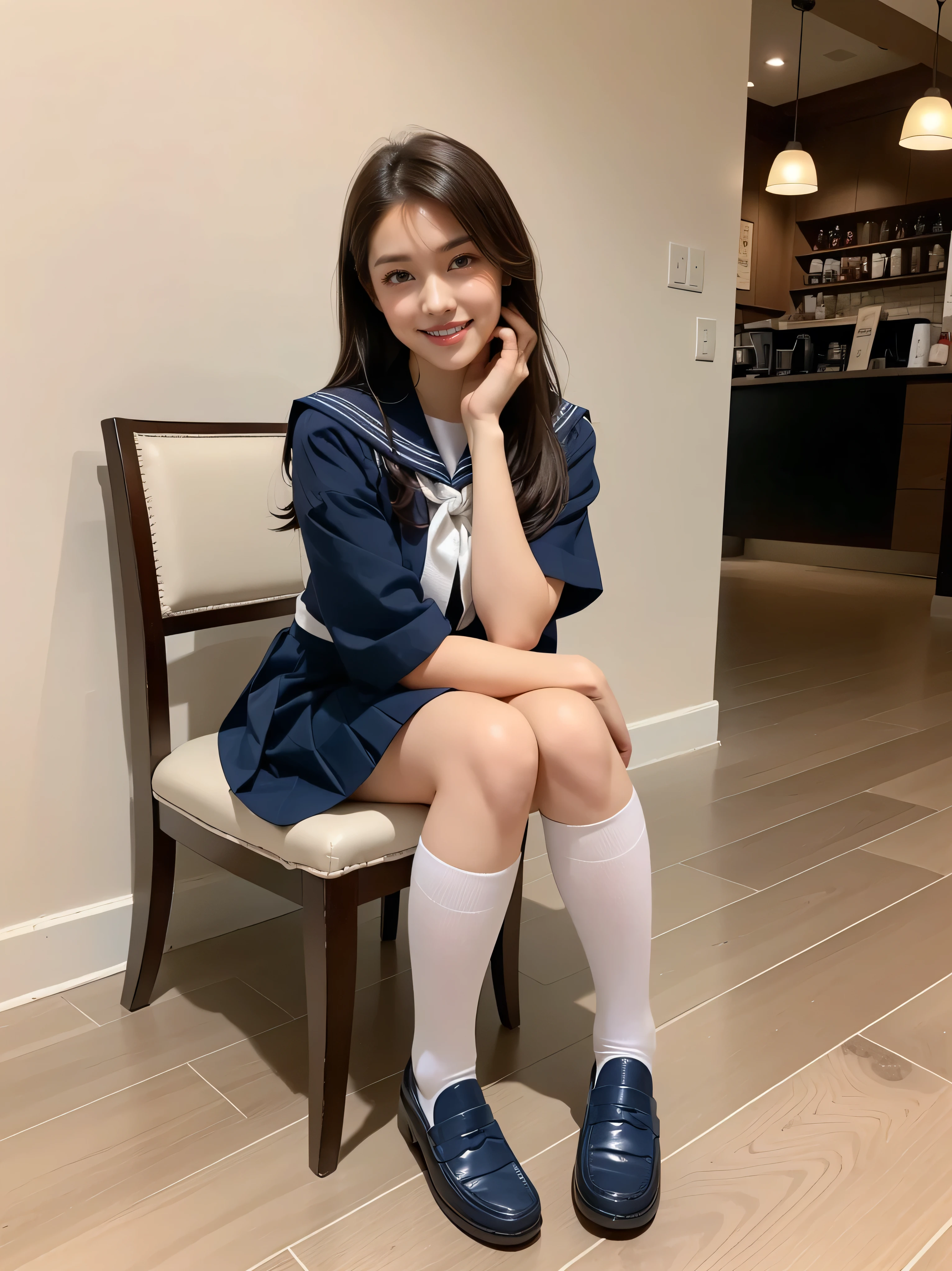 (masterpiece, Highest quality:1.2), One Girl, alone, whole body, Big Breasts,, Brown Hair,Big Breasts, Brown eyes, Mature Woman, whole body, Brown Hair, lipstick, ランダムなカラーのSailor suit、((High quality fabric, Sailor suit, Navy Pleated Skirt)), ((Short length)), zettai ryouiki, Exposing your thighs, White skin, (White knee-high socks), ((Wear black loafers))､Super long brown hair,Hair with loose waves inside,reaching down to the waist,((Place your left hand gently on your chin:1.3))、((A shy smile:1.3)),((At Starbucks Coffee、Sitting on a chair))、From an oblique angle above