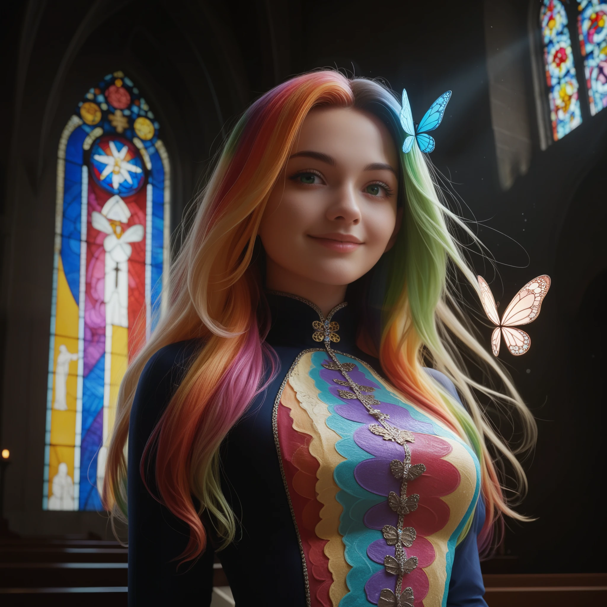 1 girl, ​masterpiece, extremely detail, ((cinematic lighting)), (glowing), ((dramatic lighing)), ((beautiful, detailed lighting)), Intricate detailing, Lens reflection, multi-colored hair, Rainbow hair, Long hair, multicolored dress, butterfly hair ornament, butterflies, (light particles), Arms behind the back, big , [curvy], Cowboy-shot, slight smile, green eyes, church, Stained glass, spotlight, dark background, floating hair, floating hair, Viewers look at,((colorful))